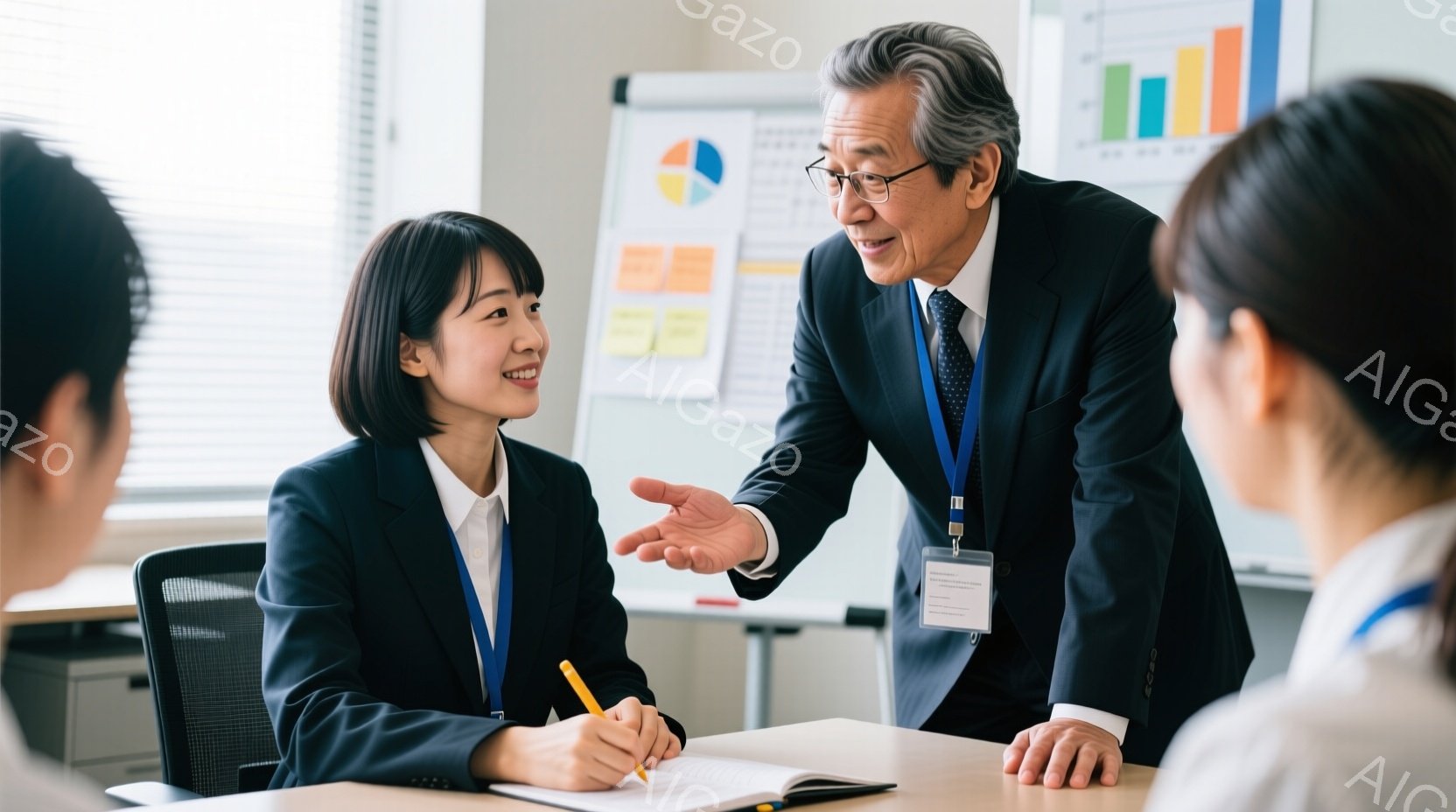 会議室で、女性社員がノートにペンで何か書き込んでいる。年配の男性社員は、身振り手振りを交えながら、何かを説明している様子で、皆が熱心に話を聞いている。背景にはグラフが描かれたボードがあり、室内は明るく - AI生成フリー素材