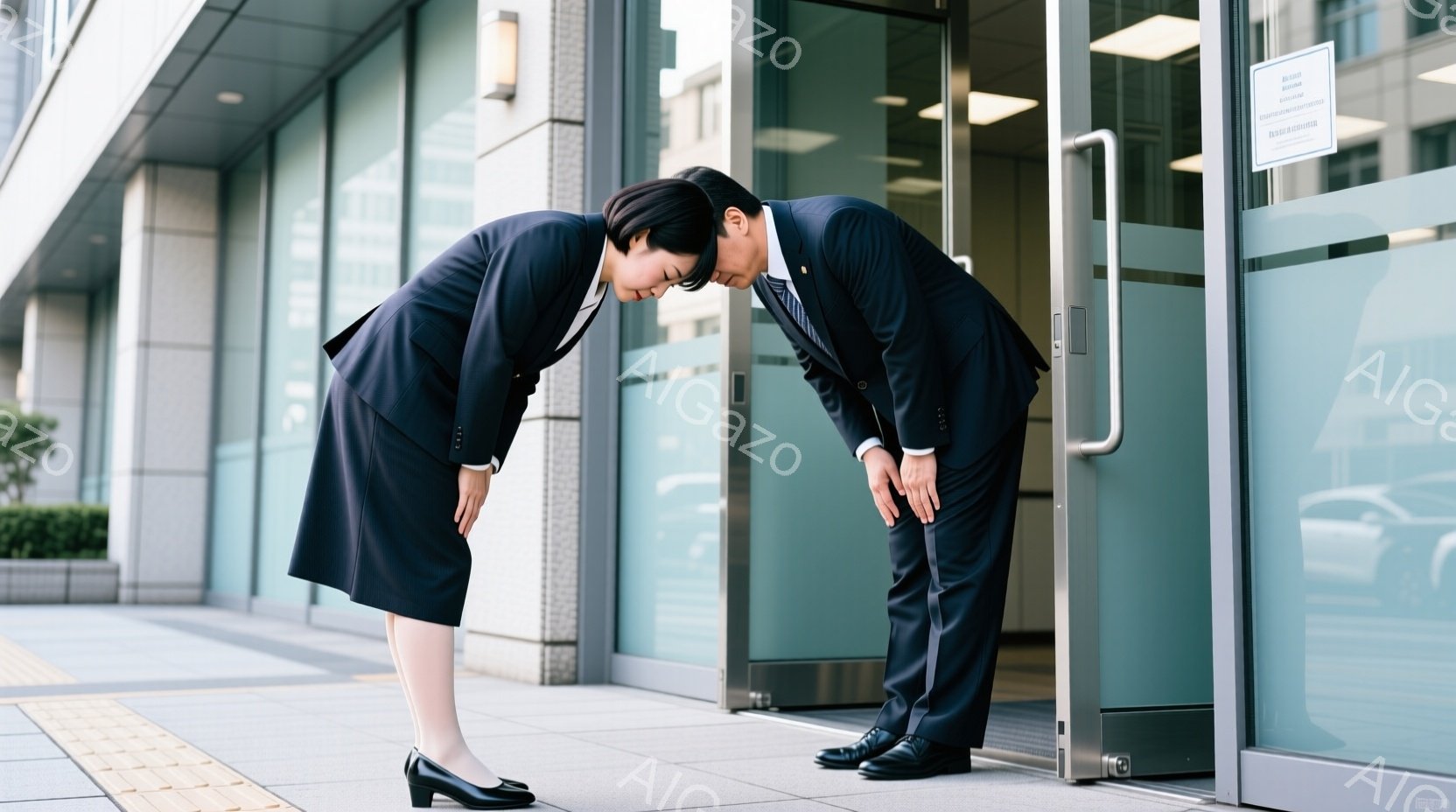 黒いスーツを着た男女が、ビルの入り口の前で深々と頭を下げている様子が写っています。女性は膝丈のスカートと黒いハイヒールを履き、男性は黒いパンツスーツに黒い靴を履いています。背景には、ガラス張りの近代的 - AI生成フリー素材