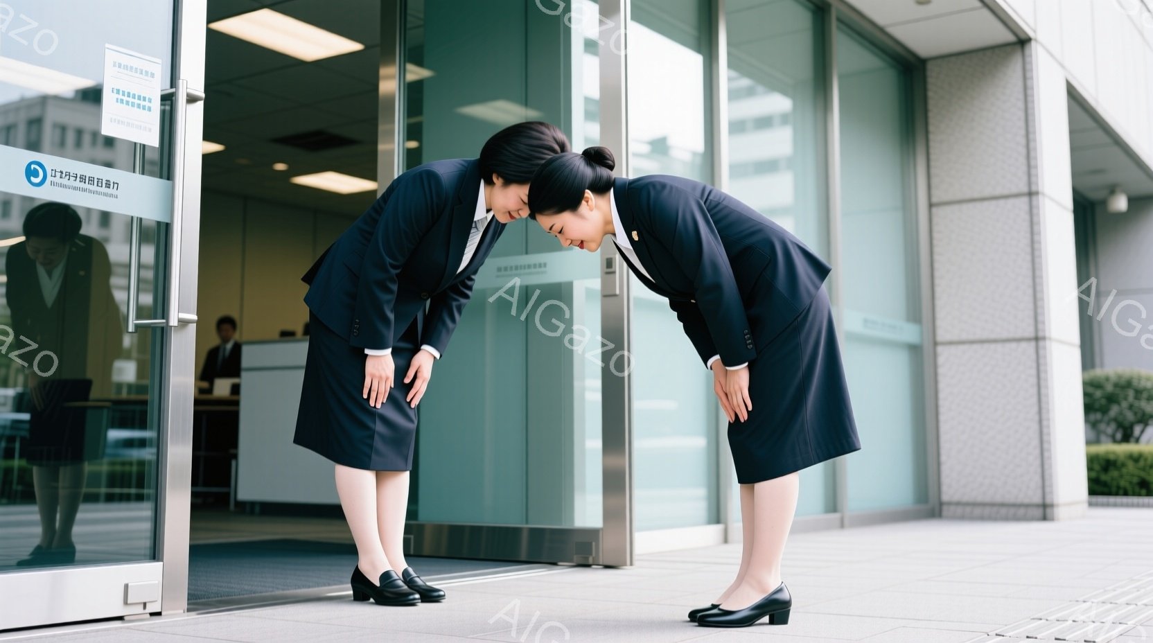黒いスーツに身を包んだ二人の女性が、深くお辞儀をしている様子が写っています。彼女たちは膝を曲げ、腰を深く落とし、敬意や謝罪を表しているようです。背景はガラス張りの近代的な建物で、手前に庭と木々が見え、晴れた日の穏やかな雰囲気が漂っています。