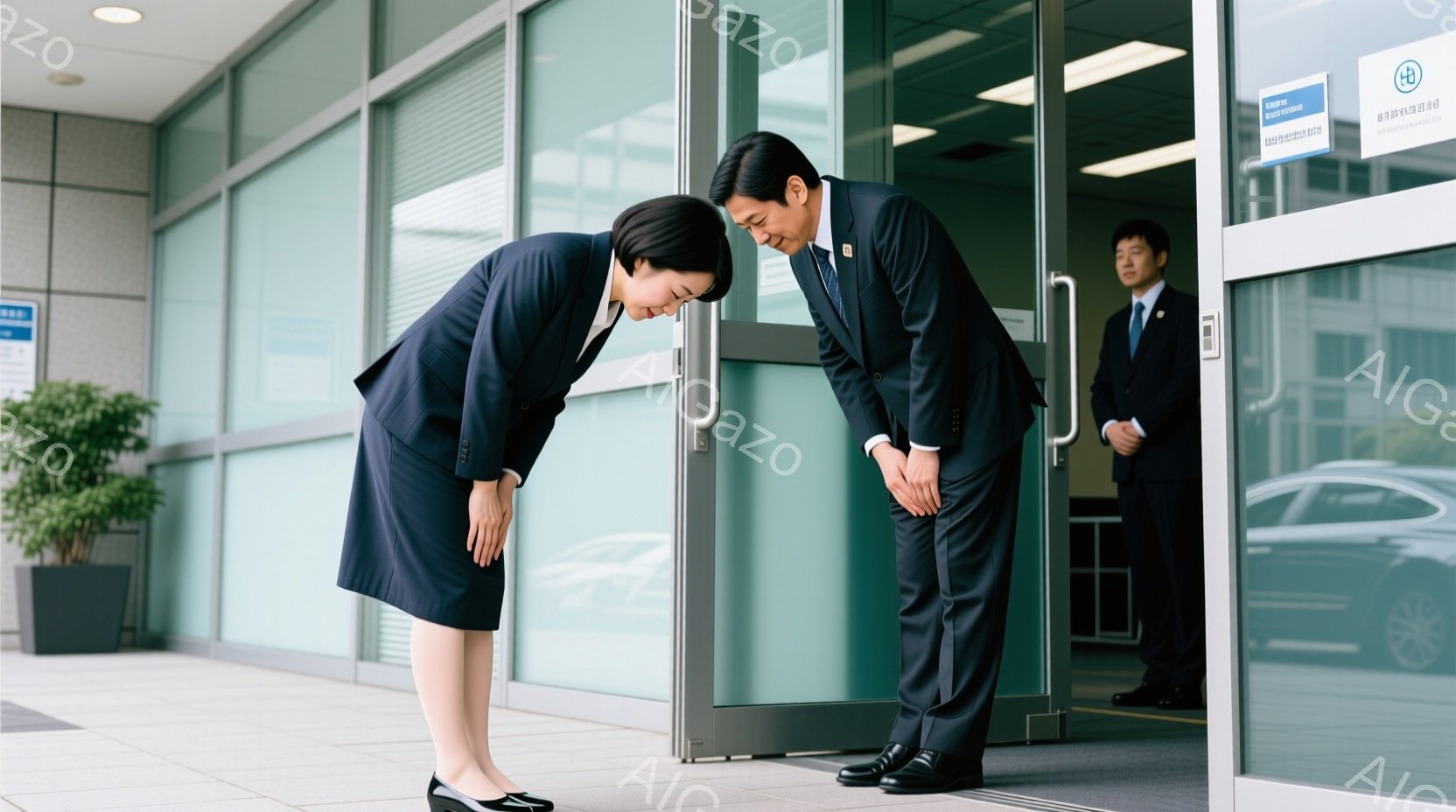 ビジネススーツを着た二人の女性と一人の男性が写っています。二人は深くお辞儀をしており、丁寧な謝罪や挨拶をしている様子が伺えます。背景はガラス張りのオフィスビルで、清潔感があり、穏やかな雰囲気が漂ってい - AI生成フリー素材