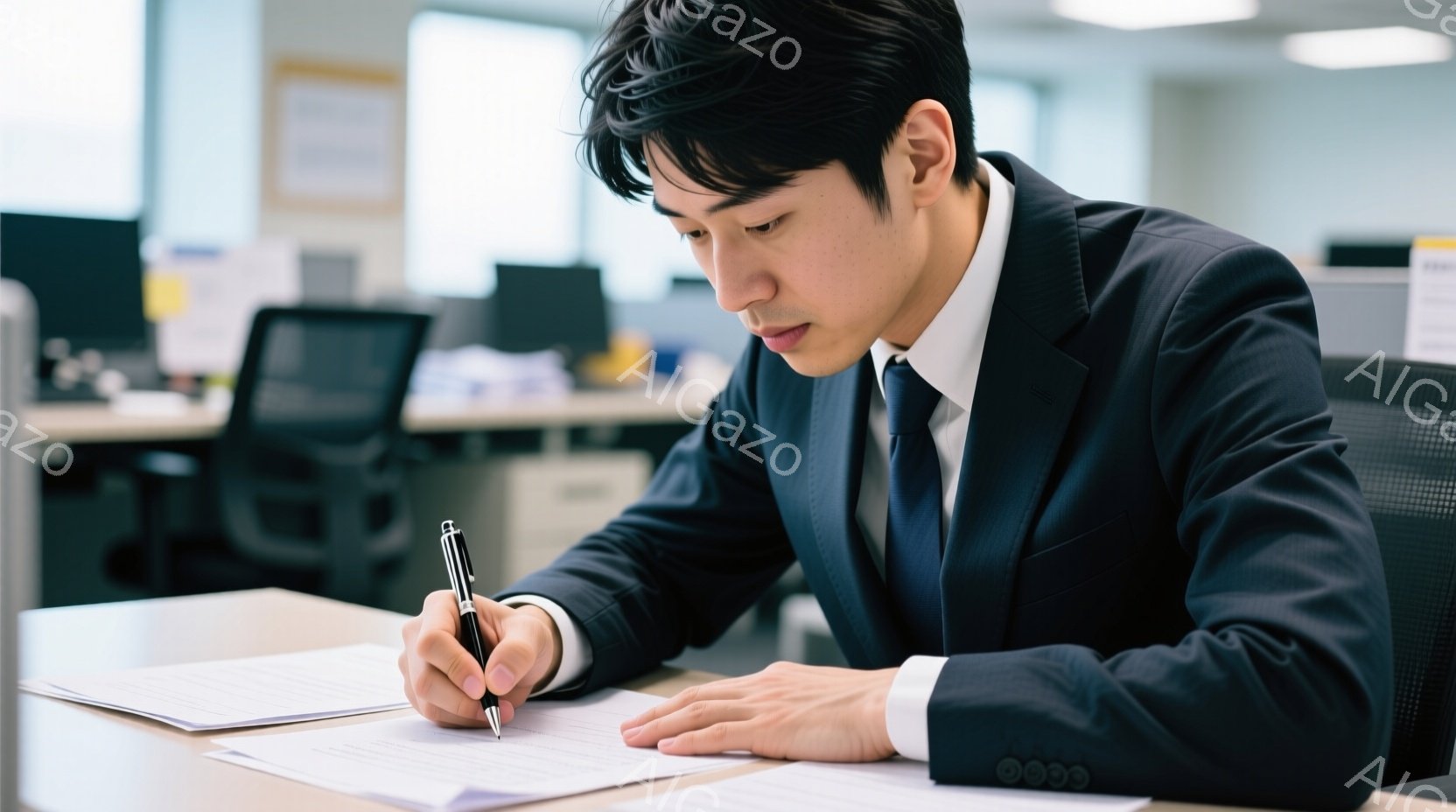 スーツにネクタイを締めた若い男性が、書類にペンで何かを書き込んでいる様子が写っている。彼はやや前かがみの姿勢で集中しており、真剣な表情をしている。背景にはオフィスらしき空間がぼやけて写っており、他の机 - AI生成フリー素材