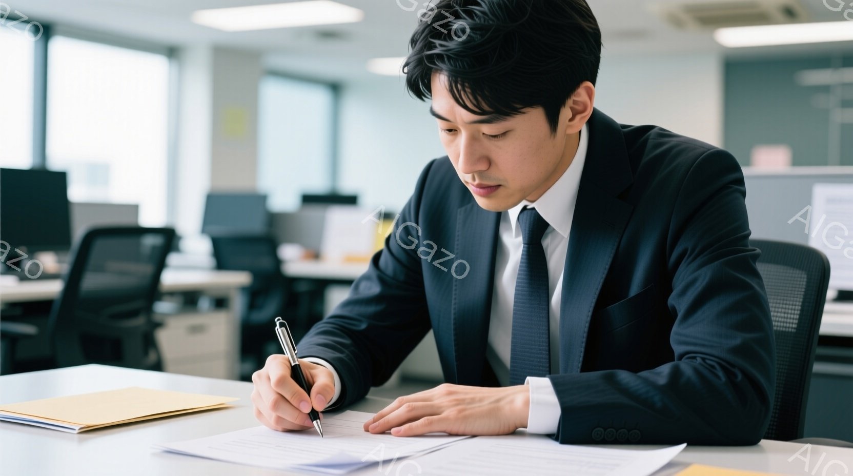 スーツとネクタイを着用した男性が、オフィスで書類にペンで記入しています。彼は真剣な表情で前を見据え、集中して作業に取り組んでいる様子が伺えます。背景には他のオフィス家具が見え、全体的に落ち着いた雰囲気の室内です。