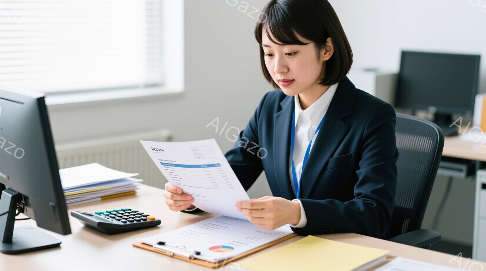 スーツにネクタイをした若い女性が、書類を手にオフィスで座っています。彼女は真剣な表情で書類を調べており、姿勢もまっすぐです。背景にはパソコンや電卓、書類が散らばっており、オフィスの一室であることがわか - AI生成フリー素材