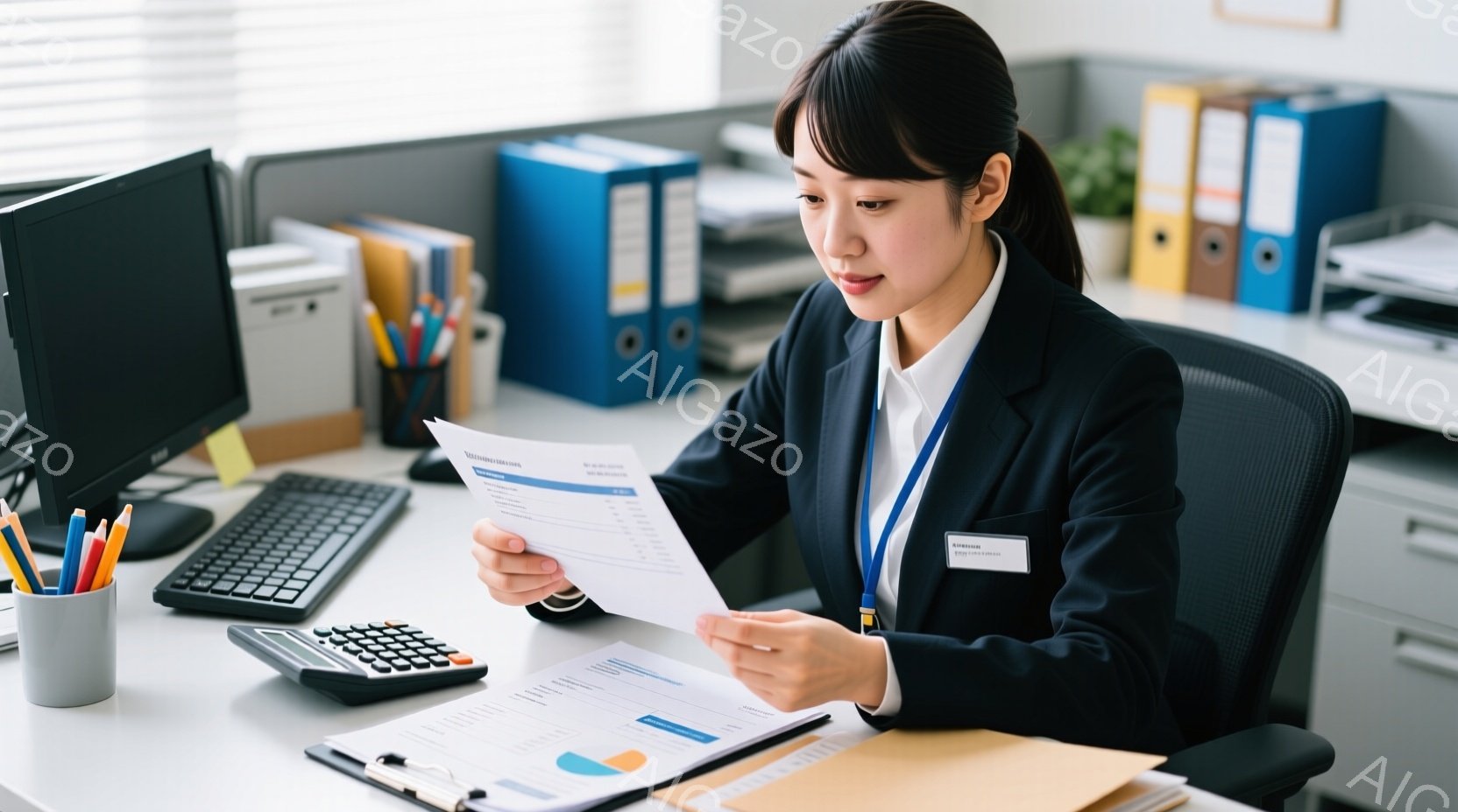 オフィスで働く女性が描かれています。彼女は黒いジャケットに白いブラウスを着ており、髪は後ろで結んでいます。書類を手に取り、真剣な表情で内容を確認しています。 - AI生成フリー素材