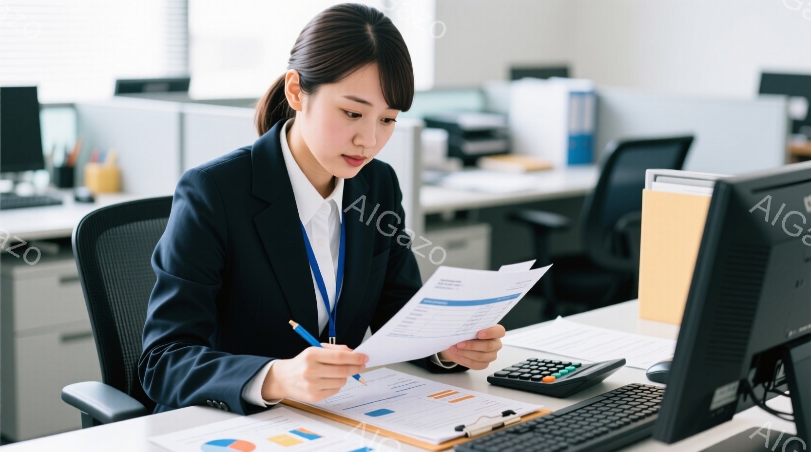 女性は紺色のスーツを着て、髪を後ろでまとめている。彼女はオフィスで書類を手に持ち、何かをチェックしているような仕草をしている。背景にはオフィス家具や書類が見え、全体的に仕事に集中した雰囲気である。