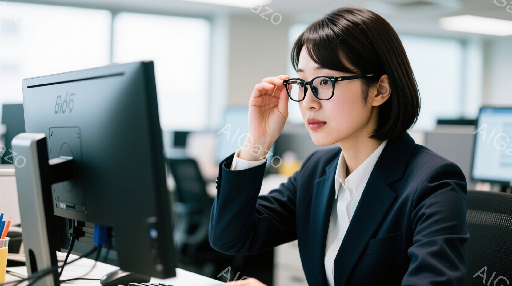 オフィスでパソコンに向かう女性が写っている。彼女は黒いジャケットと白いシャツを着ており、黒縁の眼鏡をかけている。姿勢は少し前かがみで、集中した表情で画面を見つめている。