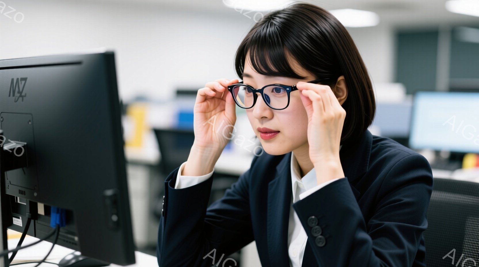 黒いスーツと白いシャツを着た女性が写っており、眼鏡を指で押さえて集中した表情をしています。彼女はオフィスのような場所でデスクに座っており、背後には他のデスクやモニターが見えます。全体的に、真剣な仕事に - AI生成フリー素材