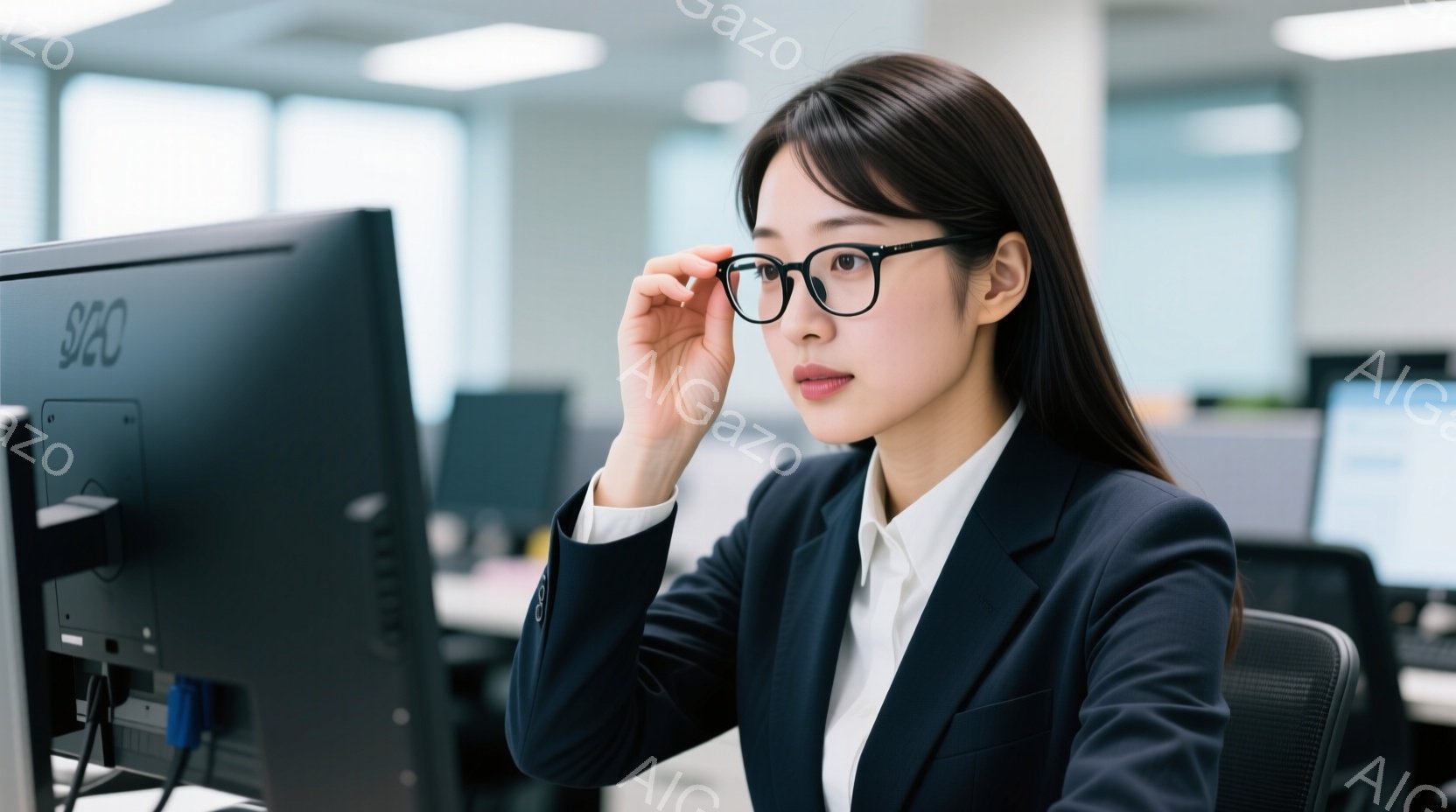 黒いスーツと白いシャツを着た若い女性が写っており、黒縁のメガネをかけている。彼女はオフィスでコンピュータの前に座り、少し前かがみの姿勢で何かに集中しているように見える。背景には他のコンピュータやオフィス家具が見え、全体的に落ち着いた雰囲気である。