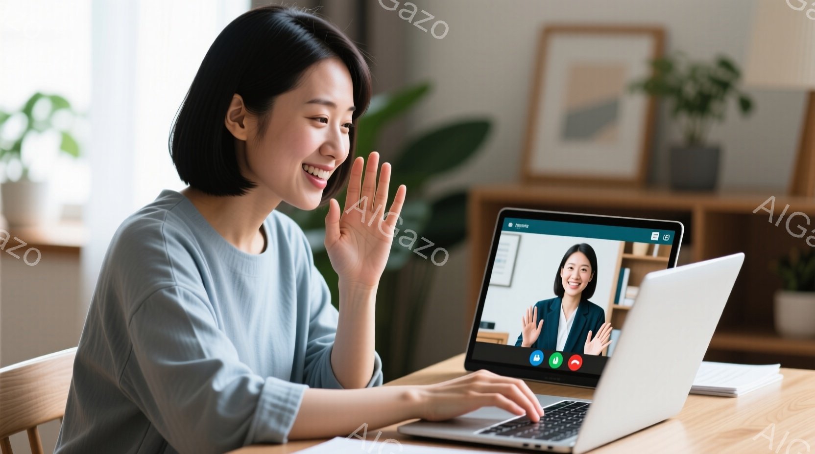 女性がノートパソコンに向かって微笑み、手を振っています。彼女は薄いグレーの長袖シャツを着ており、髪は肩にかかる長さで、ストレートヘアです。背景には木製の棚と植物があり、明るく快適な家庭の雰囲気を感じさせます。