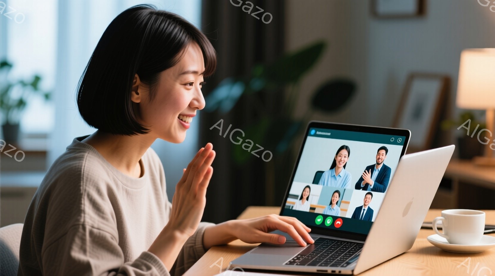 女性はベージュ色のセーターを着ており、髪は肩まで届く長さで、軽く内側にカールしています。彼女はノートパソコンに向かって微笑み、片手を挙げて何かを話している様子で、画面にはビデオ会議の参加者の顔が表示されています。背景には植物やアートがあり、温かく落ち着いた雰囲気の室内で、リモートワークをしている様子が伺えます。