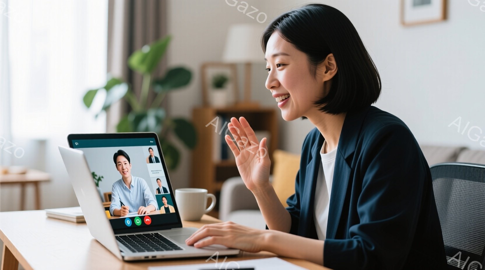 女性は紺色のジャケットを着ており、笑顔で手を振っています。彼女はノートパソコンに向かって座っており、画面にはビデオ会議の参加者が映っています。背景には観葉植物と明るい自然光が差し込むリビングルームが見え、リラックスした雰囲気です。