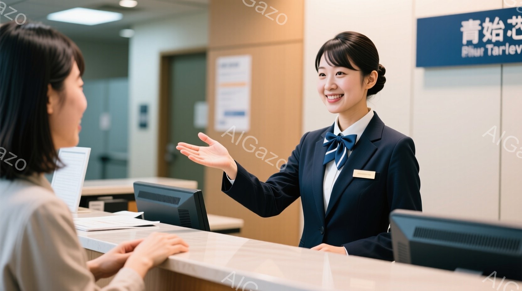 受付カウンターに、紺色のジャケットと白いブラウスを着た女性が立っており、笑顔で片手を広げて案内している様子が伺えます。彼女は髪を後ろでまとめ、明るい表情で親切な印象を与えています。背景には受付カウンターと壁があり、落ち着いた雰囲気のオフィスやホテルのロビーであると考えられます。