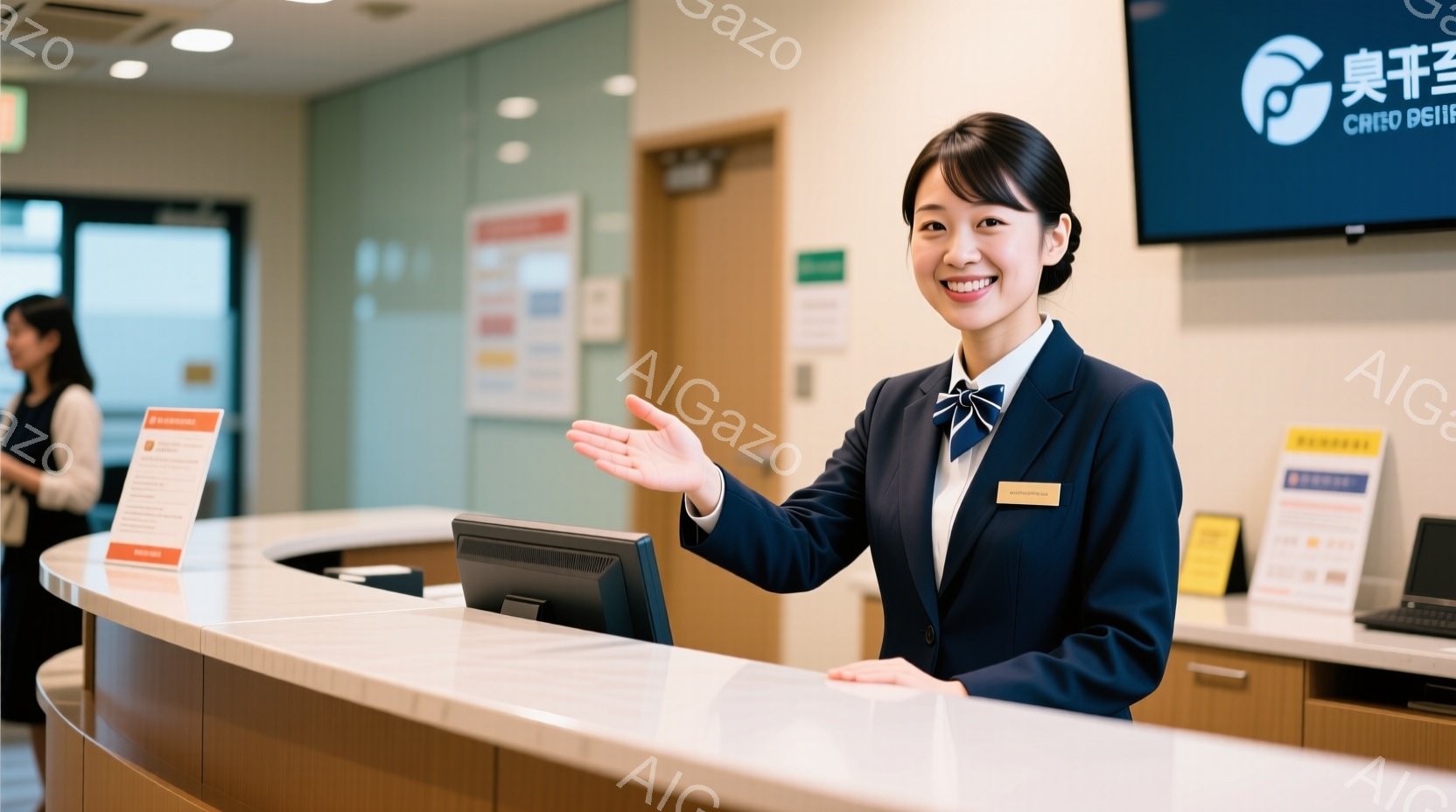 受付カウンターに立つ女性が写っています。彼女は濃い青色のジャケットとスカートのスーツを着ており、白いブラウスとネクタイを締めています。笑顔で手を広げ、親切な態度で来客を迎えようとしている様子が伺えます。