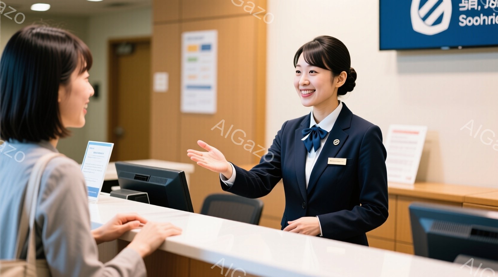 受付カウンターに立つ女性は、紺色のジャケットとブラウス姿で、笑顔で何かを説明している様子です。彼女は髪を後ろでまとめ、親切そうな表情で、片手を広げてジェスチャーをしています。背景には受付カウンターとコンピューター、そして明るい室内があり、全体的に親しみやすく丁寧な雰囲気が漂っています。