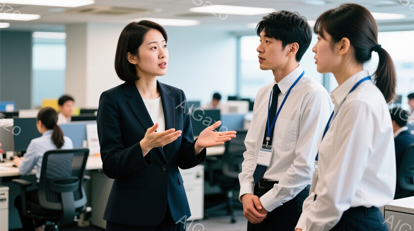 三人のビジネスパーソンがオフィス内で会話している場面だ。女性は黒いジャケットに白いシャツを着ており、片手を広げながら何かを説明している。男性は白いシャツにネクタイ、黒いパンツ姿で、女性の話に耳を傾けている様子で、全員が身だしなみを整えており、オフィスは明るく、近代的な印象を受ける。