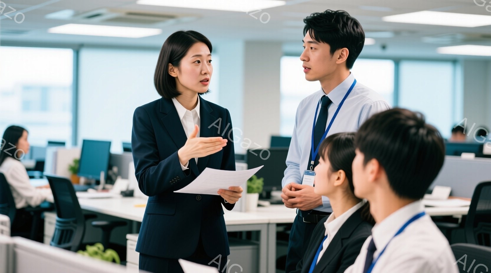 オフィスで話し合っているビジネスマンとビジネスウーマンが写っています。女性は黒いスーツを着て髪を後ろにまとめ、書類を手に何かを説明しています。男性は紺色のスーツにネクタイをし、IDカードを首から下げ、 - AI生成フリー素材