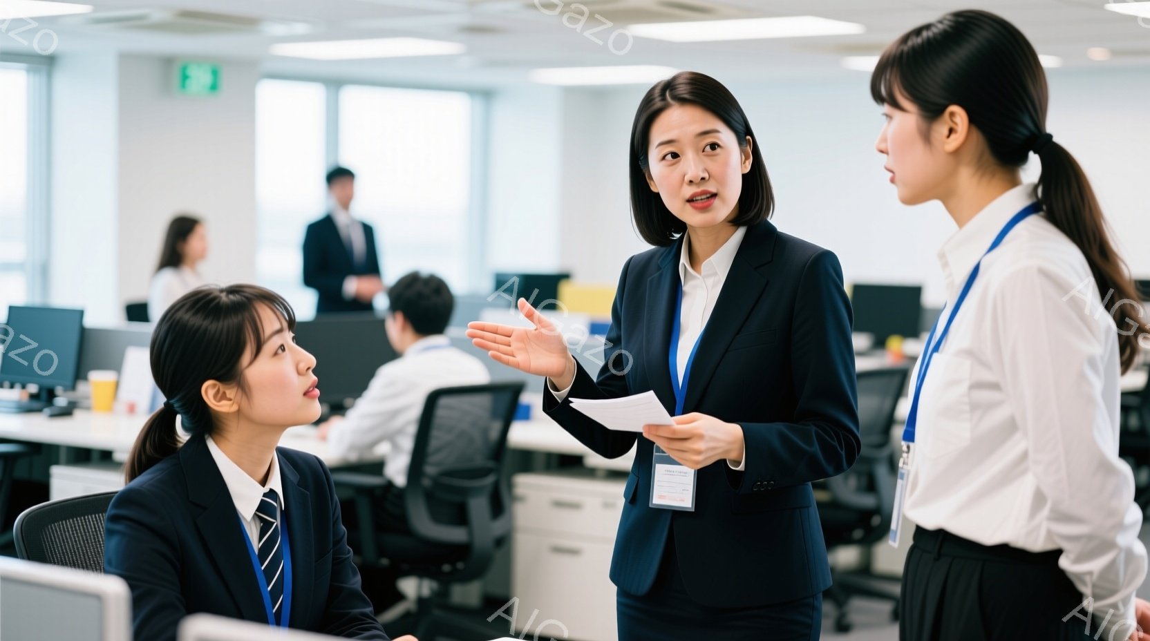 オフィス内で、一人の女性が別の女性に何かを説明している様子が写っている。説明をしている女性は黒いスーツに白いシャツ、髪は後ろでまとめられている。聞いている女性は白いシャツに黒いスカート、タイを締めており、やや前かがみの姿勢で相手を見つめている。