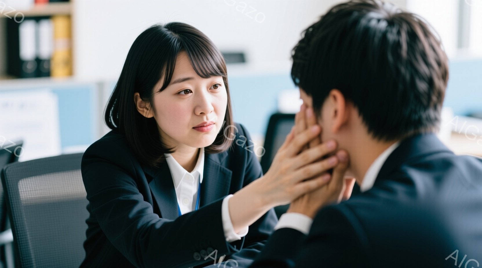 オフィスで働く人々の様子が写っています。女性は黒いスーツに白いシャツ姿で、笑顔で手を振っており、親しみやすい印象を与えます。背景には高層ビル群と夕焼け空が広がり、活気ある職場と穏やかな自然が調和した、 - AI生成フリー素材