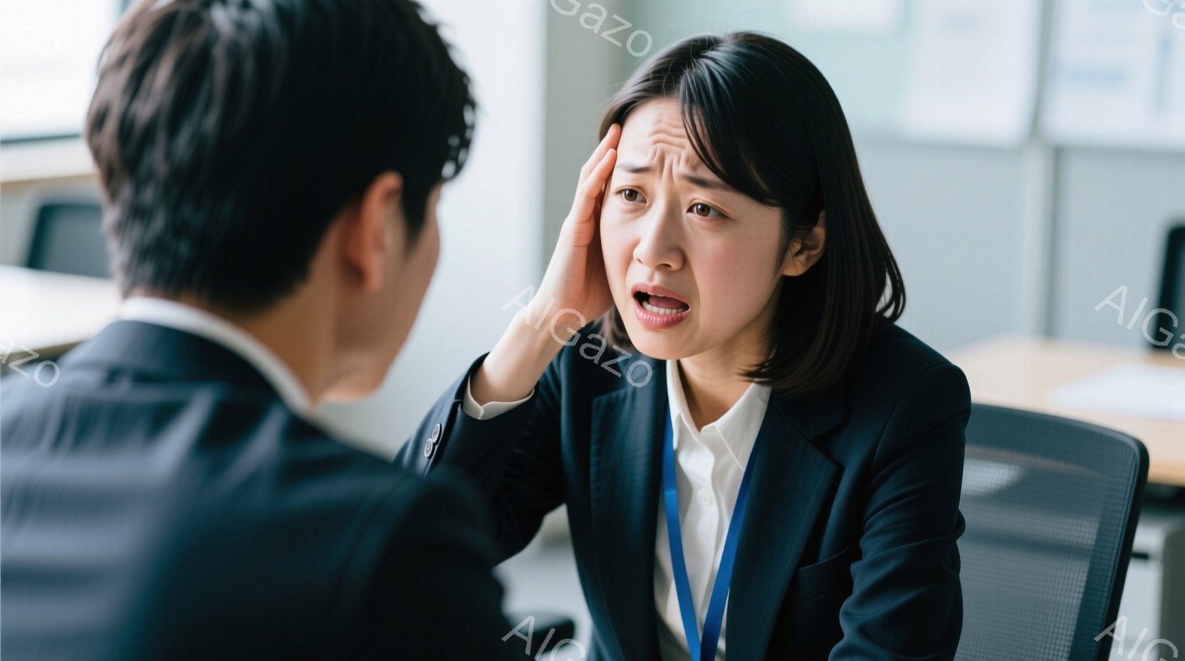 スーツを着た女性が困惑した表情で顔を覆っており、片手を額に当てています。彼女はオフィスのような場所で椅子に座っており、背景には他の机と椅子が見えます。全体的に、緊迫した状況や困難な会話を暗示する雰囲気です。