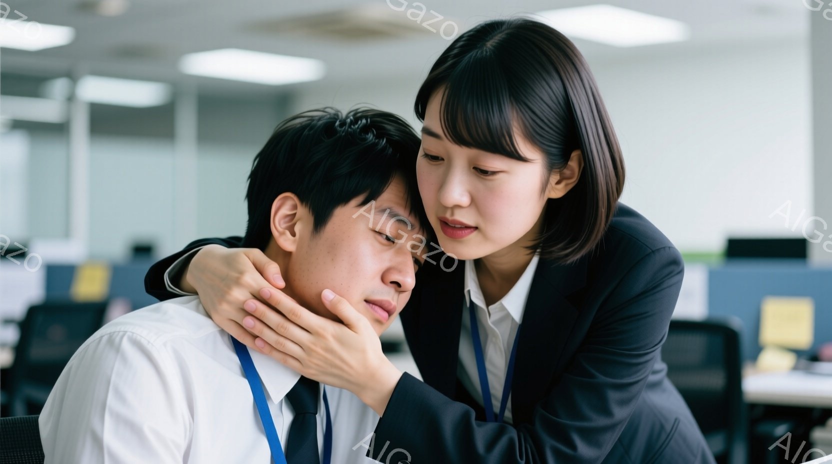 若い男性がデスクにうなだれており、心配そうな表情の若い女性が彼の肩に手を置いている。女性は黒いスーツに白いシャツ、男性は白いシャツにネクタイ、身につけているIDカードからオフィスワーカーであることがわかる。背景には他のデスクとオフィスチェアが見え、室内であることから、オフィスの一室で同僚が慰めている様子が伺える、落ち着いた雰囲気の画像である。