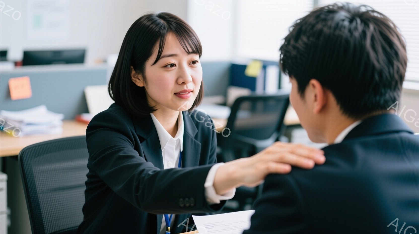 オフィスで働く女性が写っています。彼女は黒いジャケットと白いシャツを着ており、髪は短く整えられています。彼女は誰かに何かを指し示し、真剣な表情で話しかけているようです。