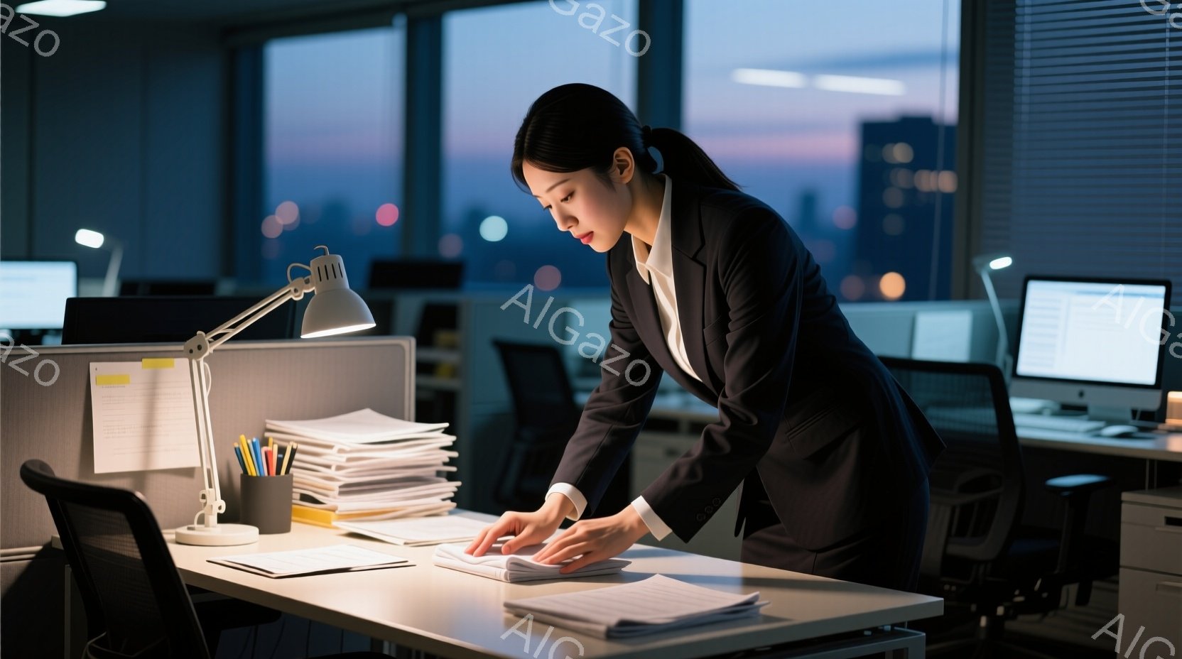 スーツを着た女性が、オフィスで書類の山に囲まれた机にかがみこんでいる。彼女は黒い髪を後ろでまとめ、集中した表情で書類を調べているようだ。窓の外には夕暮れ時の都市の風景が広がり、薄暗い室内と対照的で、残業をしているような雰囲気を醸し出している。