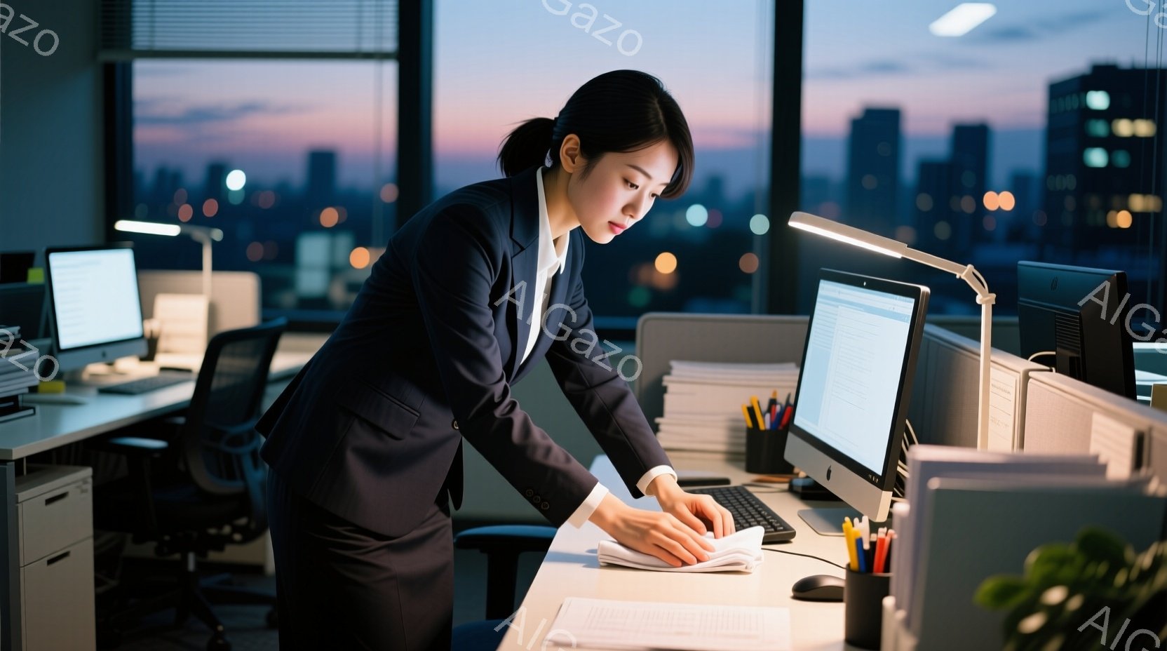 スーツを着た女性がオフィスで書類に向かっている。彼女は少し前かがみの姿勢で、集中した表情で書類を見ている。背景には、夕暮れ時の都市のスカイラインが広がり、オフィス内は落ち着いた照明で照らされている。 - AI生成フリー素材