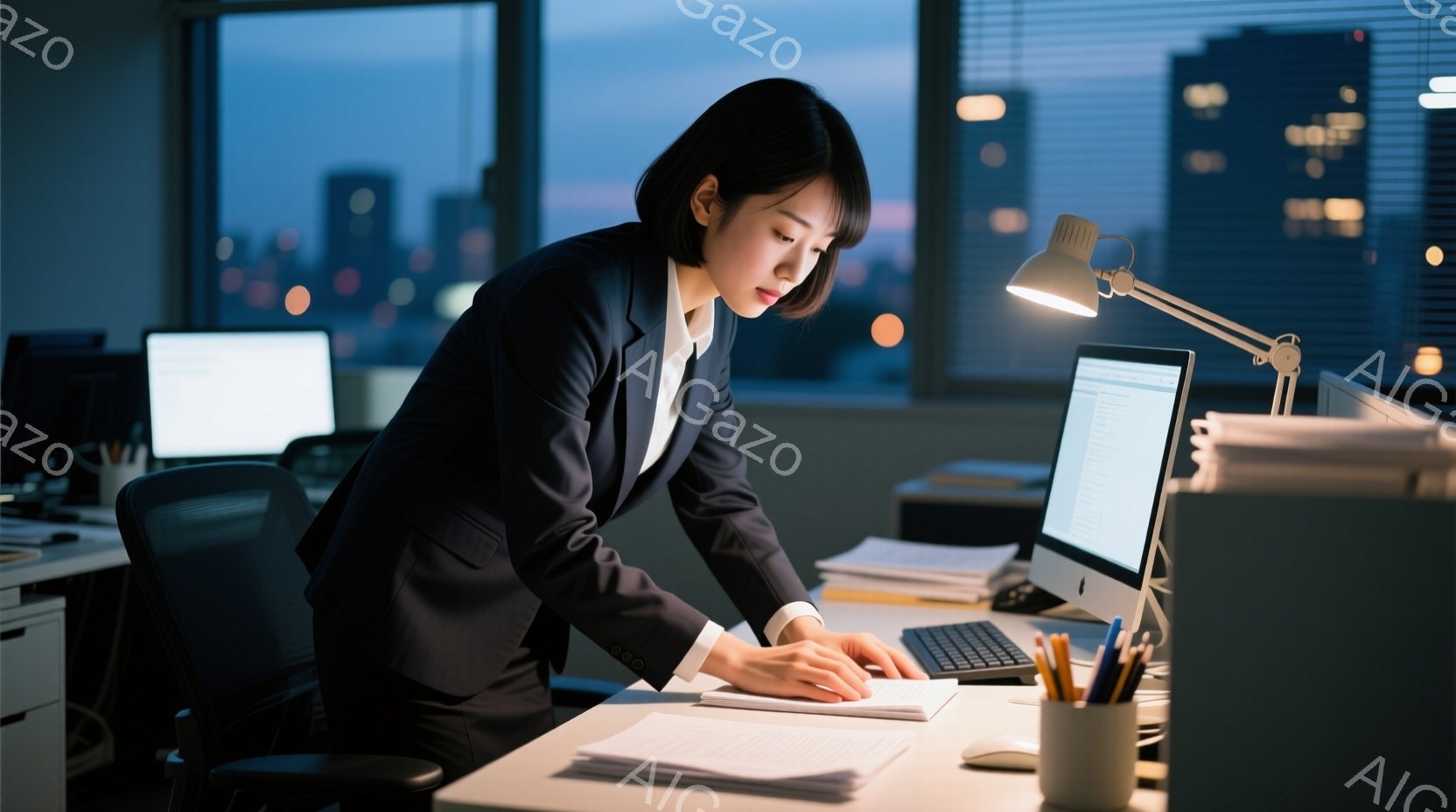スーツを着た女性がオフィスでデスクに向かい、書類に何か書き込んでいる様子が映っている。彼女はやや前かがみの姿勢で、集中した表情で作業に没頭している。背景には夜景が広がり、オフィスは高層ビルの上に位置し - AI生成フリー素材
