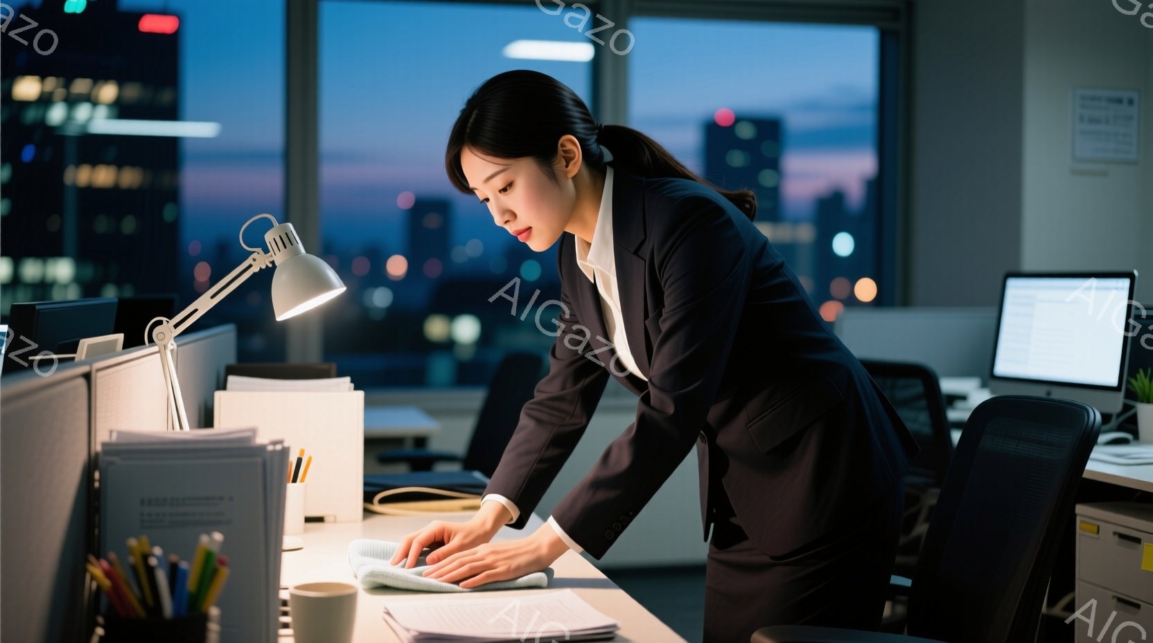 女性はオフィスでデスクを拭いています。彼女は黒いスーツを着ており、髪は後ろで一つに結ばれています。窓の外には夜景が広がり、オフィスは静かで集中した雰囲気です。 - AI生成フリー素材