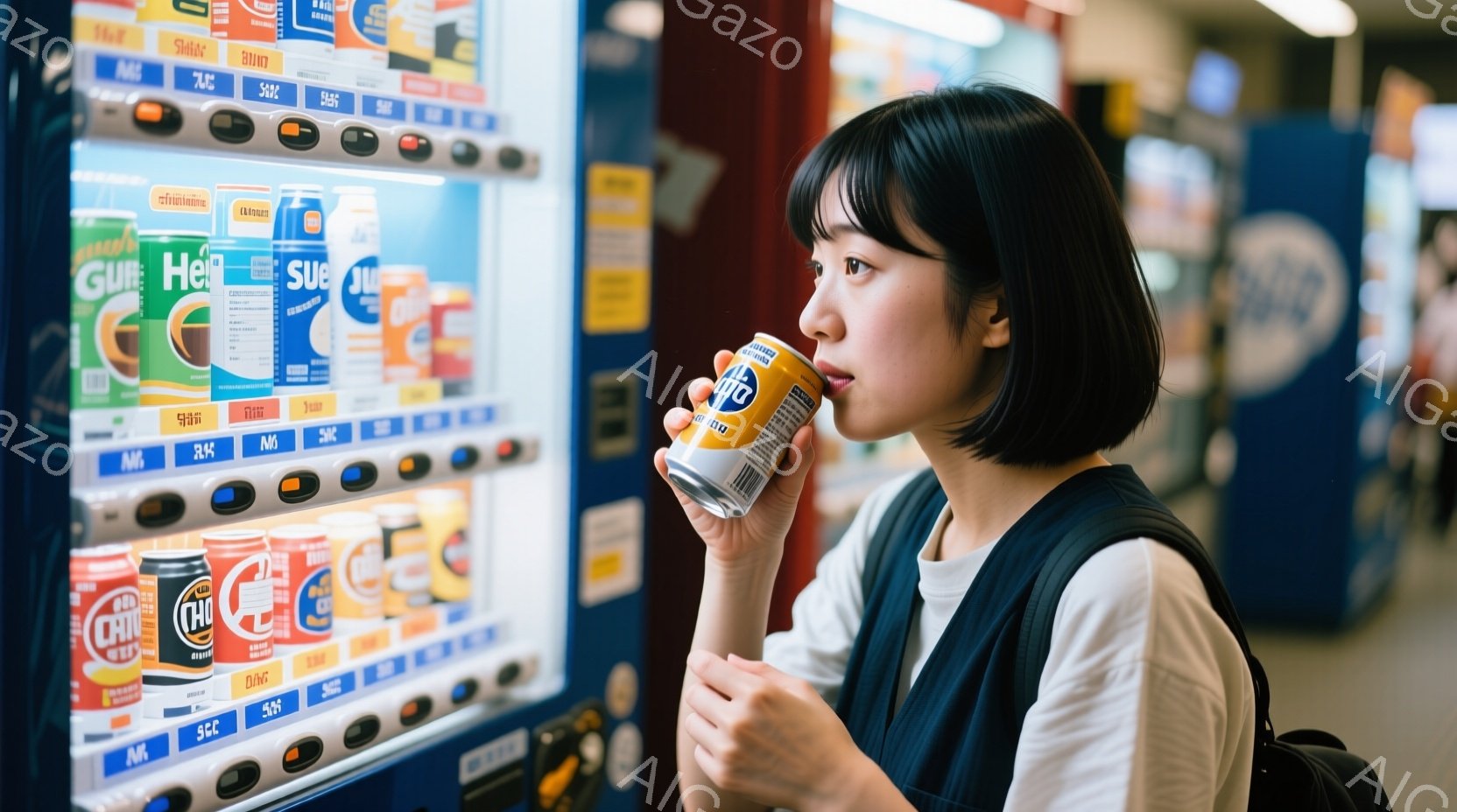 若い女性が自動販売機で缶ジュースを飲んでいる様子が写っています。彼女は白いTシャツにオーバーオールを着ており、短く切り揃えられた前髪のある黒髪です。自動販売機には様々な種類の缶ジュースが並んでおり、背景は少しぼやけていますが、屋内であることがわかります。