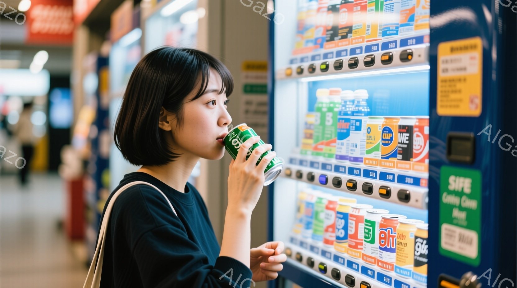 若い女性が自動販売機の前で缶ジュースを飲んでいる様子が写っています。彼女は黒いTシャツを着ており、前髪を下ろした短い髪型で、リラックスした表情をしています。背景には様々な種類の飲み物が並んだ自動販売機があり、明るい室内で日常的な雰囲気が漂っています。