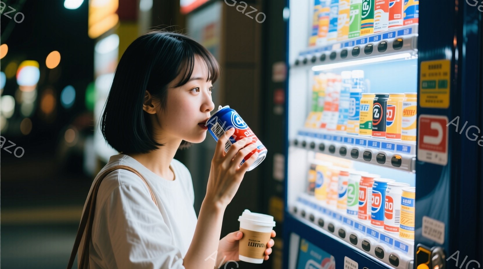 若い女性が自動販売機の前で飲み物を飲んでいる様子が写っている。彼女は白いTシャツに肩掛けのバッグを背負い、短い黒髪をお下げにしている。背景には様々な飲み物が並んだ自動販売機が光り、夜の街の雰囲気が漂っ - AI生成フリー素材