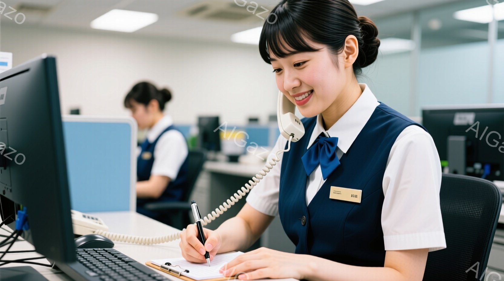 紺色のベストと白いブラウスを着用した女性が、コンピューターの前でメモを取っています。彼女は笑顔で、親切でプロフェッショナルな印象を与えます。背景には、同様の服装の別の女性がおり、オフィス環境であることがわかります。