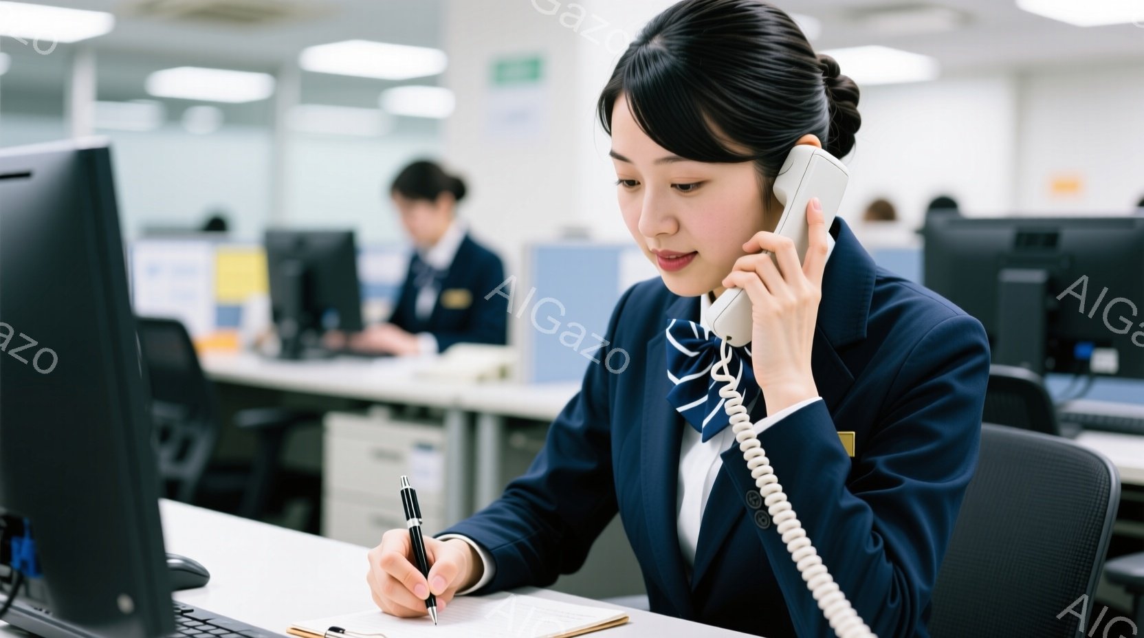 制服を着た女性が電話に出ながら、メモを取っています。彼女は髪を後ろにまとめ、真剣な表情でペンを握り、事務的な仕事に取り組んでいます。背景には、他の職員が座るオフィスがあり、全体的に清潔でプロフェッショナルな雰囲気です。