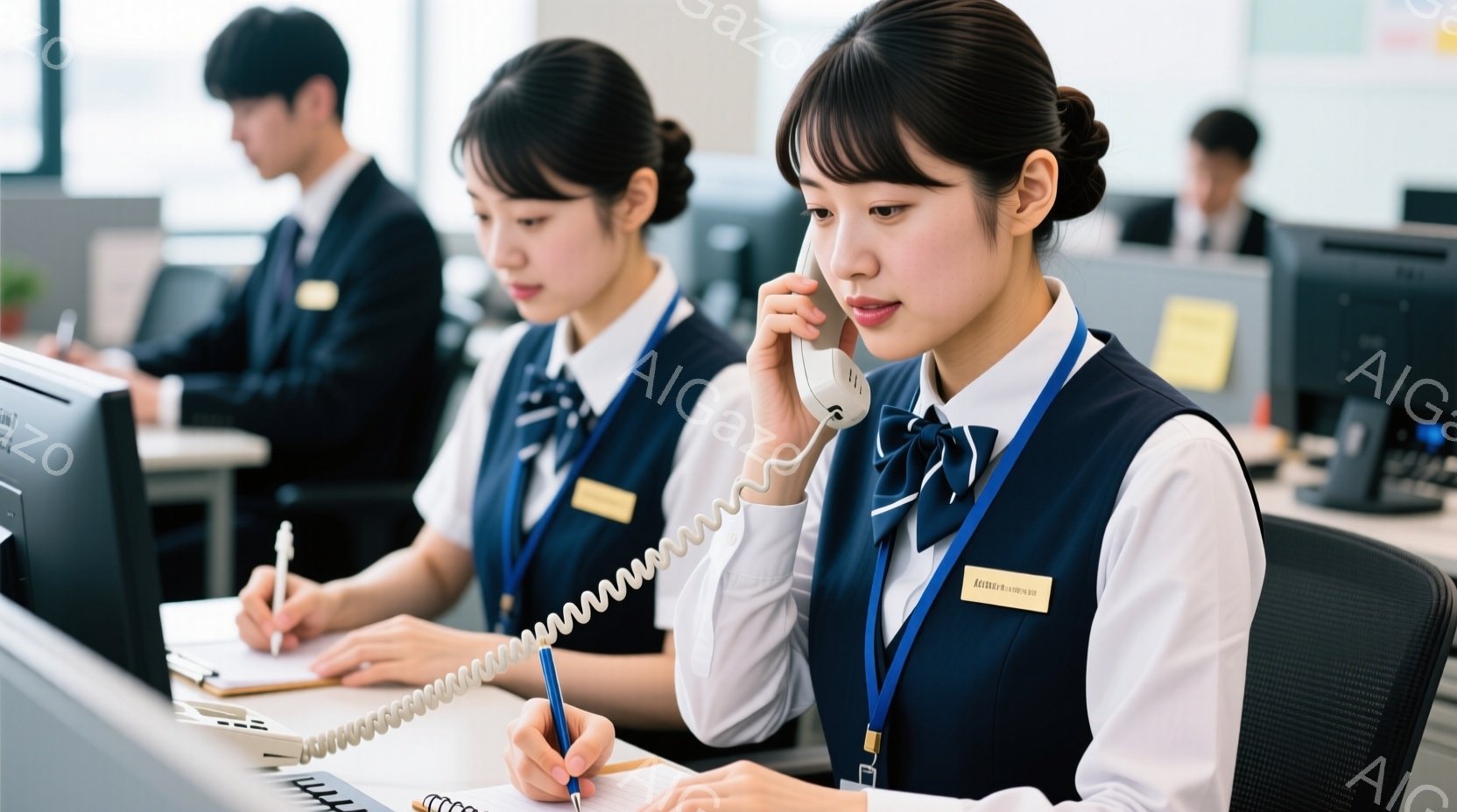 紺色のベストと白いシャツを着た女性が電話に出ながらメモを取っている様子が写っています。彼女は黒髪を後ろでまとめ、真剣な表情でペンを動かしています。背景には、同様の服装をした他の従業員がコンピュータに向 - AI生成フリー素材