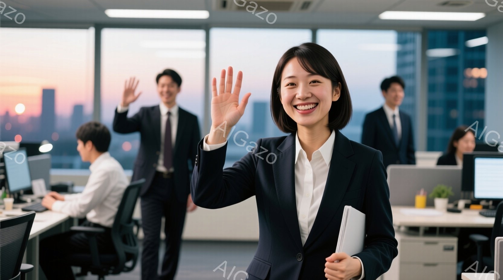 オフィスで働く人々が写っており、一人の女性がカメラに向かって笑顔で手を振っています。彼女は黒いスーツに白いシャツを着ており、髪は後ろでまとめています。背景にはオフィス内の他の人々、デスク、そして夕焼け - AI生成フリー素材