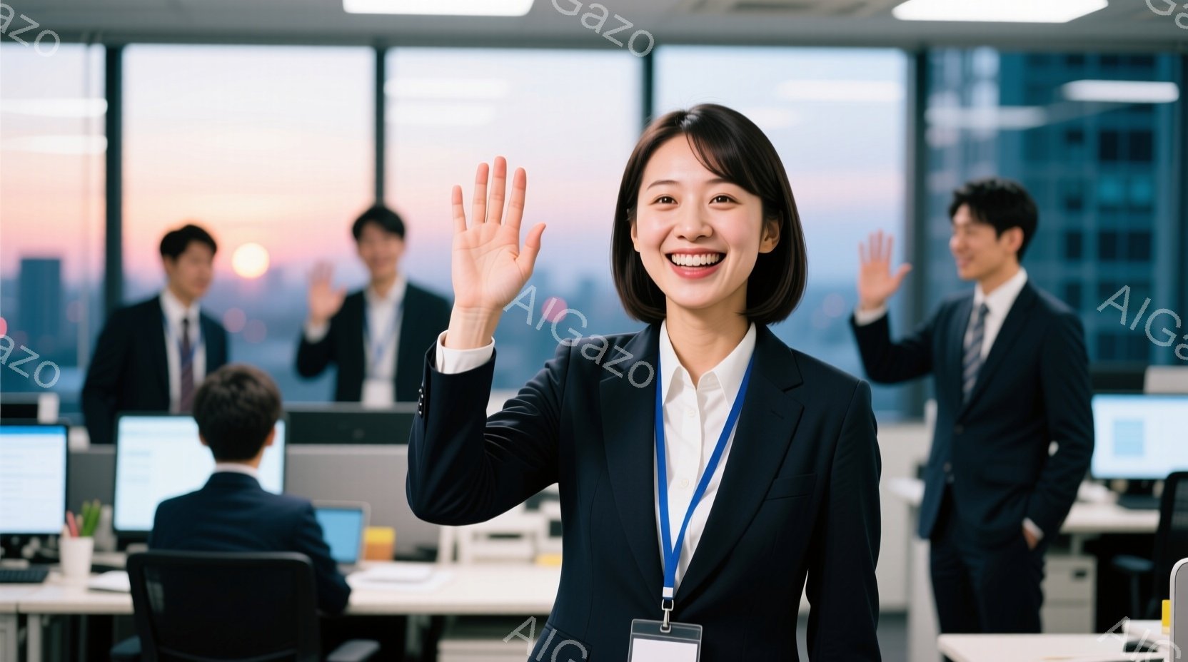オフィスで働くビジネスマンと女性が写っています。女性は明るい笑顔で片手を上げ、紺色のジャケットと白いシャツを着用し、身につけたIDカードが確認できます。背景には、夕焼けの空を背景にした高層ビル群が見え - AI生成フリー素材