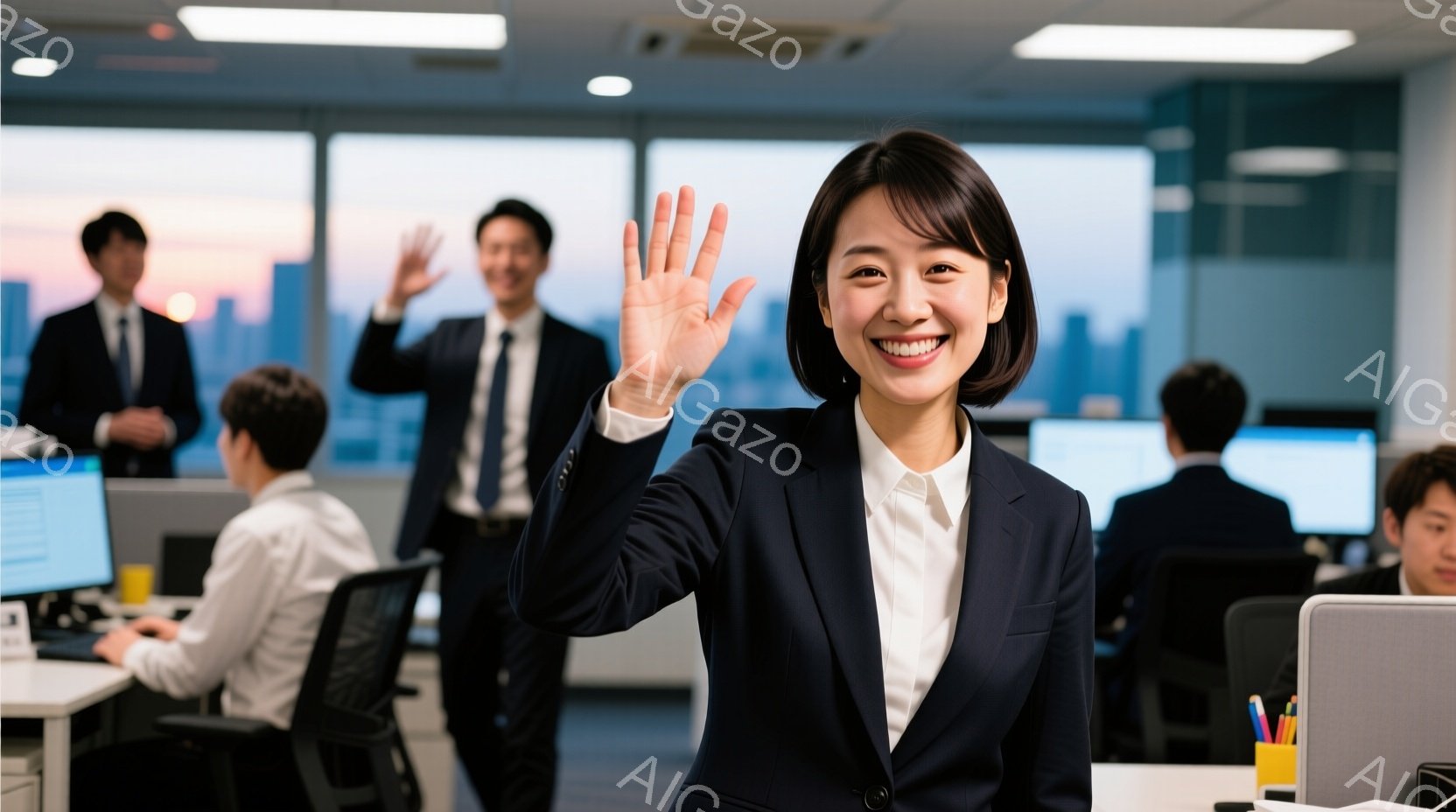 オフィスで働く人々の様子を捉えています。女性は紺色のスーツを着ており、明るい笑顔で手を振っています。背景には高層ビル群と夕焼け空が見え、オフィス内は活気にあふれた雰囲気です。 - AI生成フリー素材