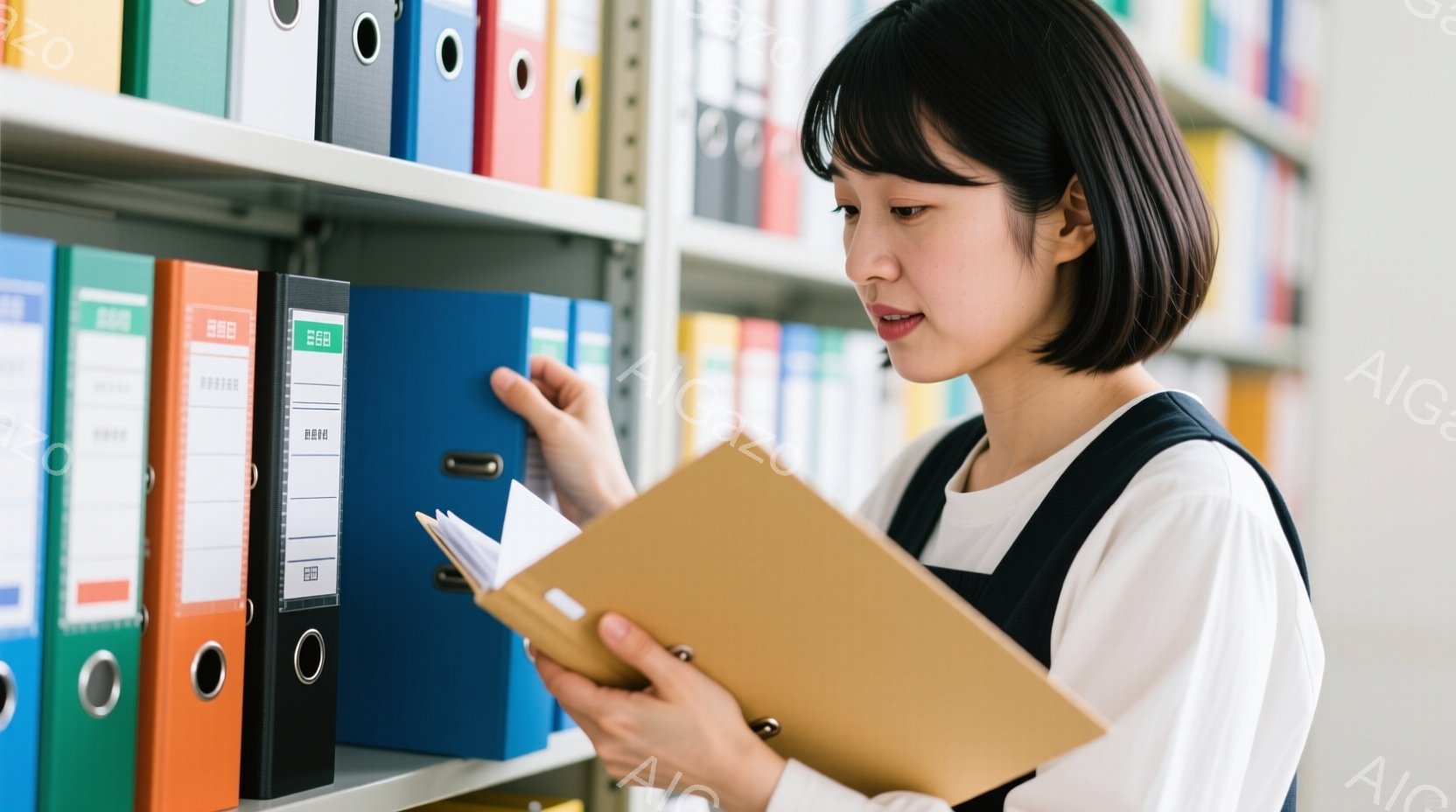 短い黒髪の女性が、ファイル棚の前で書類を見ている。白いブラウスにベストを着用し、真剣な表情で茶色の書類を手にしている。背景にはカラフルなファイルが並び、オフィスや図書館のような整然とした雰囲気が感じられる。