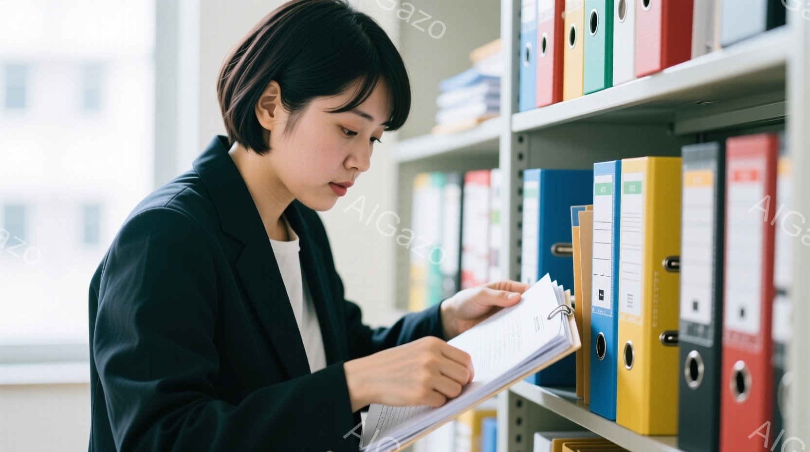 黒いジャケットを着た若い女性が、書類を見ながらカラフルなファイルが並んだ棚の前で立っている。彼女は真剣な表情で書類を読み、やや前かがみの姿勢で集中している。背景はオフィスのような空間で、ファイルの色が明るいアクセントになっている。