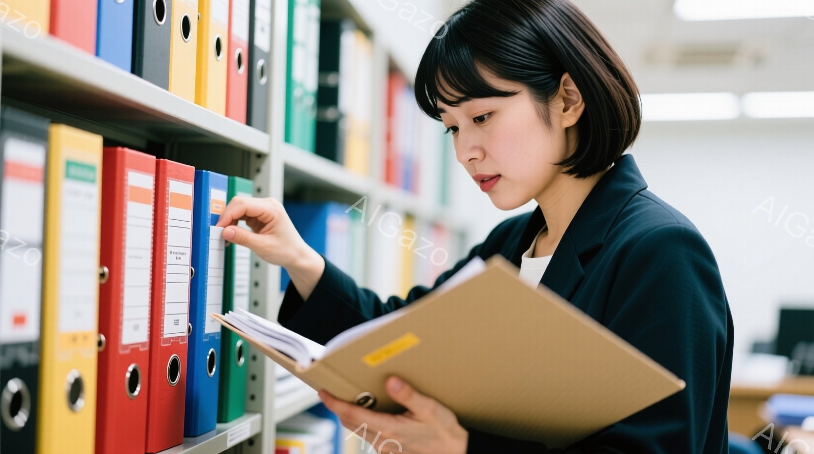 黒いジャケットを着た若い女性が、たくさんのファイルが並んだ棚の前で書類を開いて調べている。彼女は黒髪のショートヘアで、集中した表情で書類を見ている。背景には整理されたファイルが整然と並んでおり、オフィスや図書館のような、静かで落ち着いた雰囲気が感じられる。