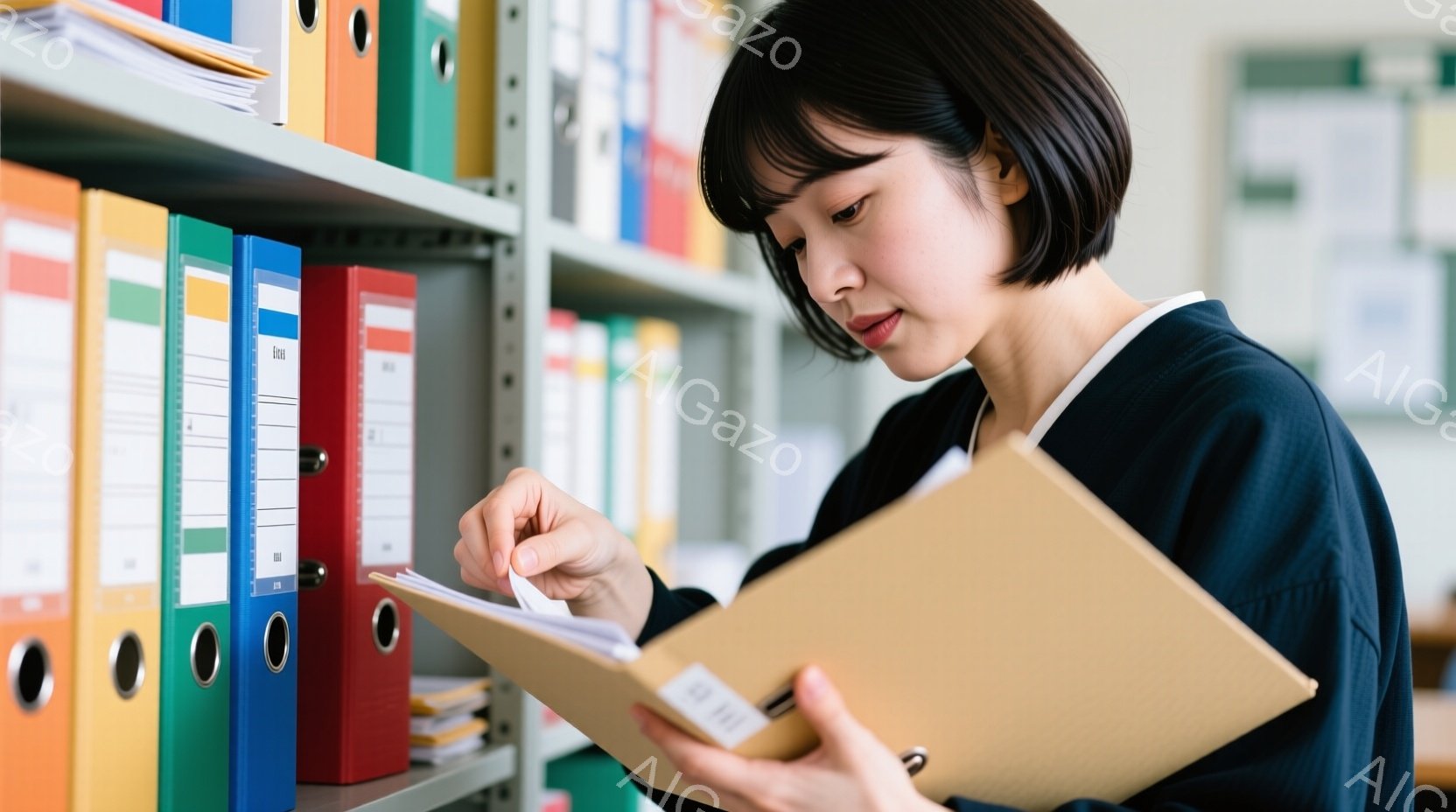 茶髪のショートヘアの女性が、ベージュ色のファイルを開いて内容を確認しています。彼女は紺色のジャケットを着ており、真剣な表情で書類を調べています。背景には、赤、青、緑などの様々な色のファイルが並んだ本棚があり、オフィスや図書館のような空間であることがわかります。