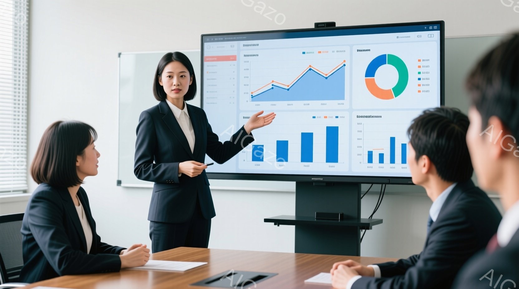 女性がプレゼンテーションを行っており、紺色のスーツに白シャツを着ています。彼女は軽く微笑み、指でグラフを指しながら説明しているようです。背景には会議室のテーブルと、グラフが表示された大きなスクリーンがあり、他の参加者は真剣な表情で彼女の話を聞いています。