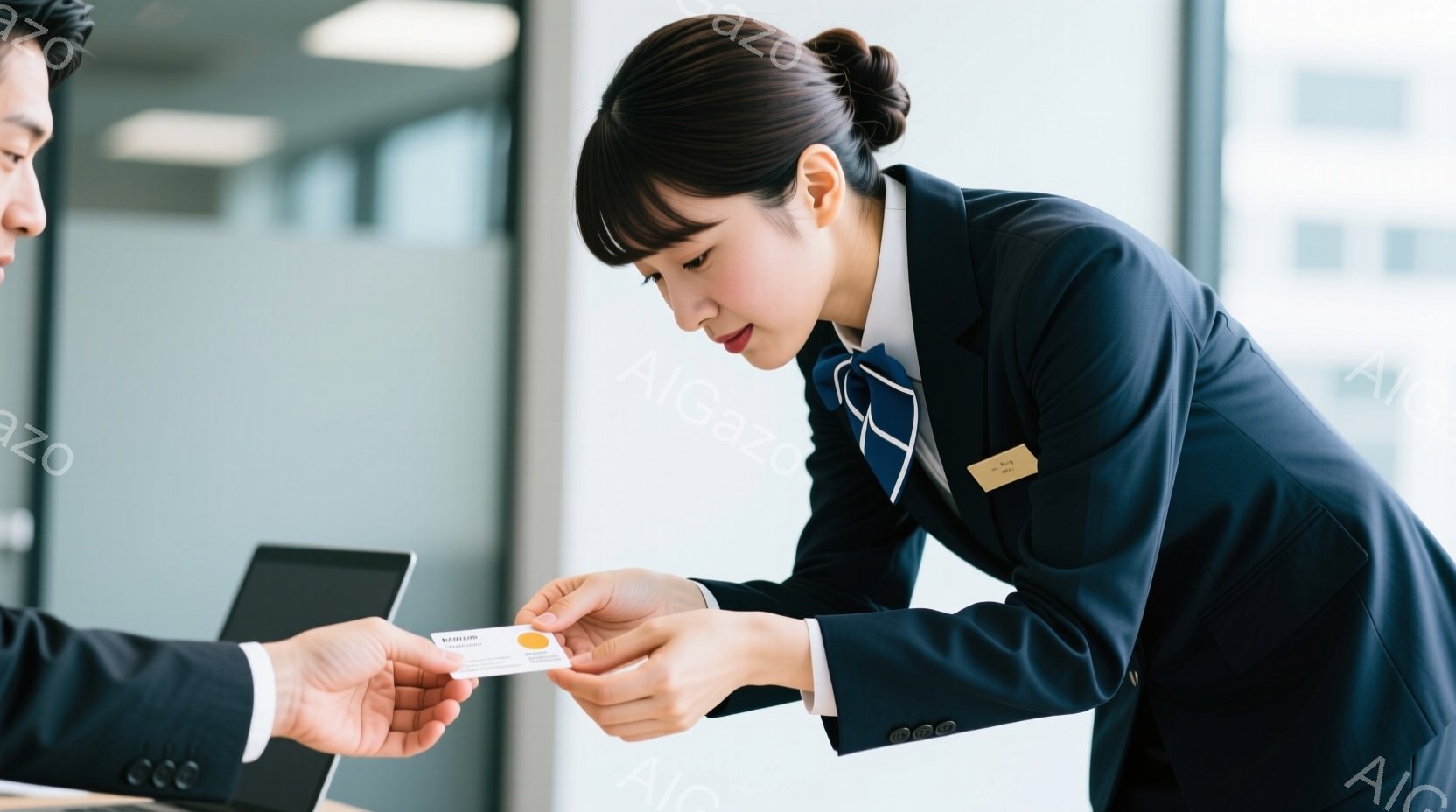 ビジネスシーンが描かれており、一人の女性が男性に名刺を渡している様子が捉えられています。女性は黒いジャケットとブラウスを着ており、髪は後ろでまとめています。背景はオフィスのような室内で、自然光が差し込み、落ち着いた雰囲気を醸し出しています。