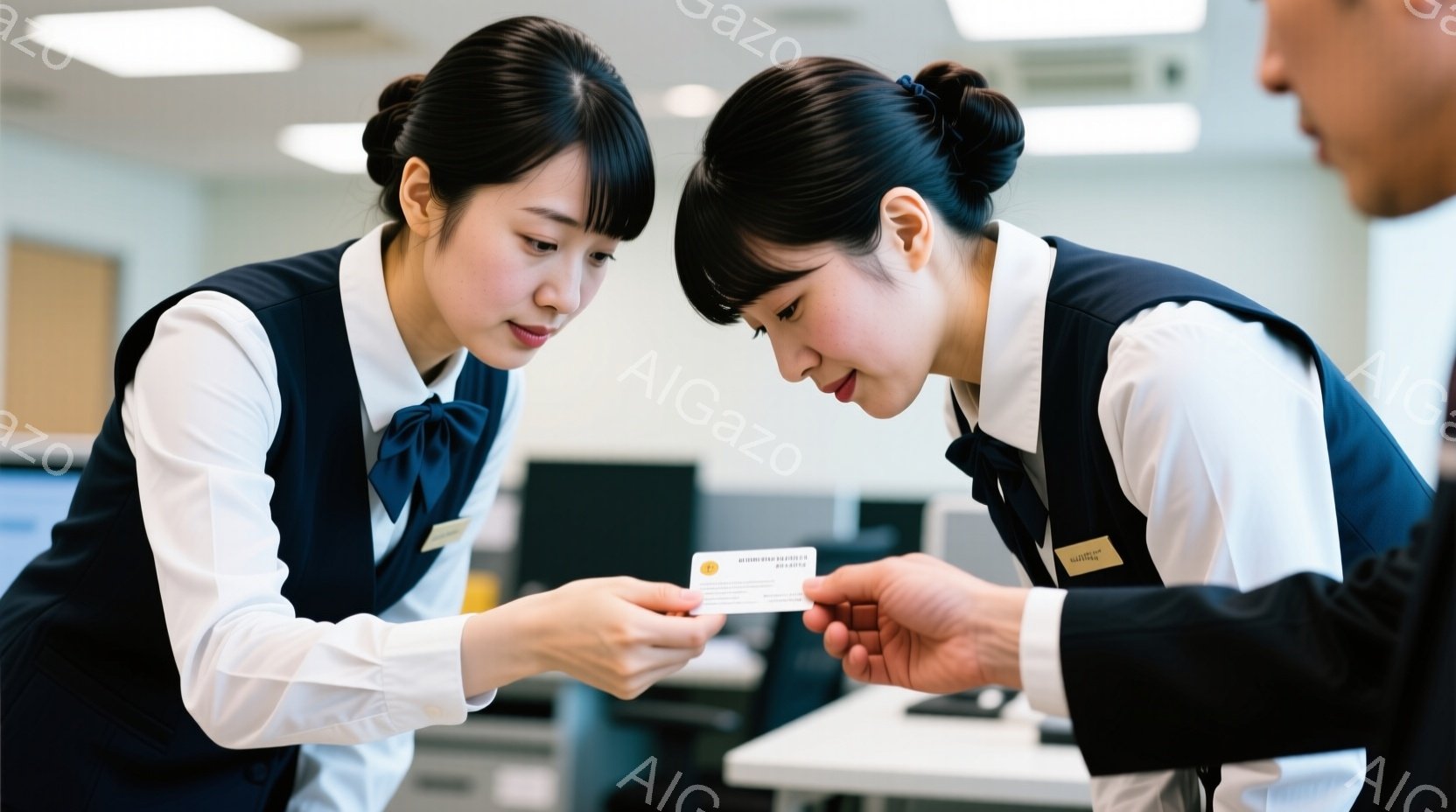 制服を着た若い女性二人と、男性が写っています。女性たちは紺色のベストと白いシャツを着ており、髪はきっちりと後ろで束ねています。彼女たちは男性から受け取ったカードを注意深く見ており、真剣な表情をしています。