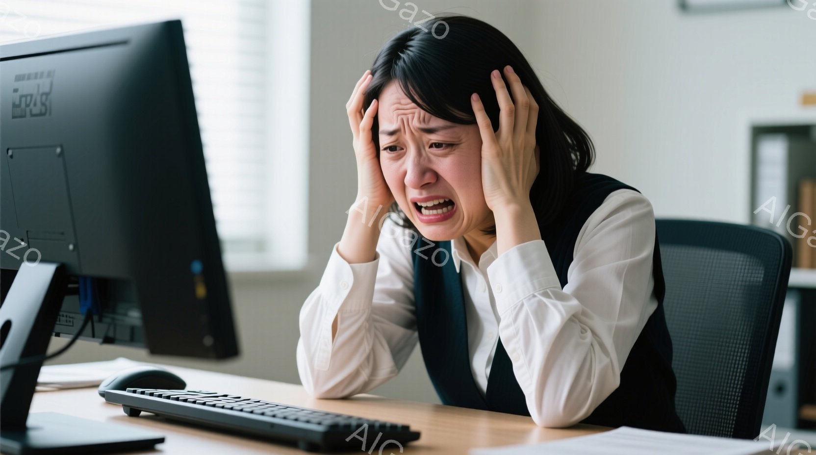 白いシャツに黒のベストを着た女性が、デスクに座り、両手で頭を抱え、苦悶の表情を浮かべている。背後にはオフィスらしき空間が広がり、コンピュータのモニターとキーボードが置かれている。彼女の表情と姿勢からは、強いストレスや絶望感が伝わってくる。