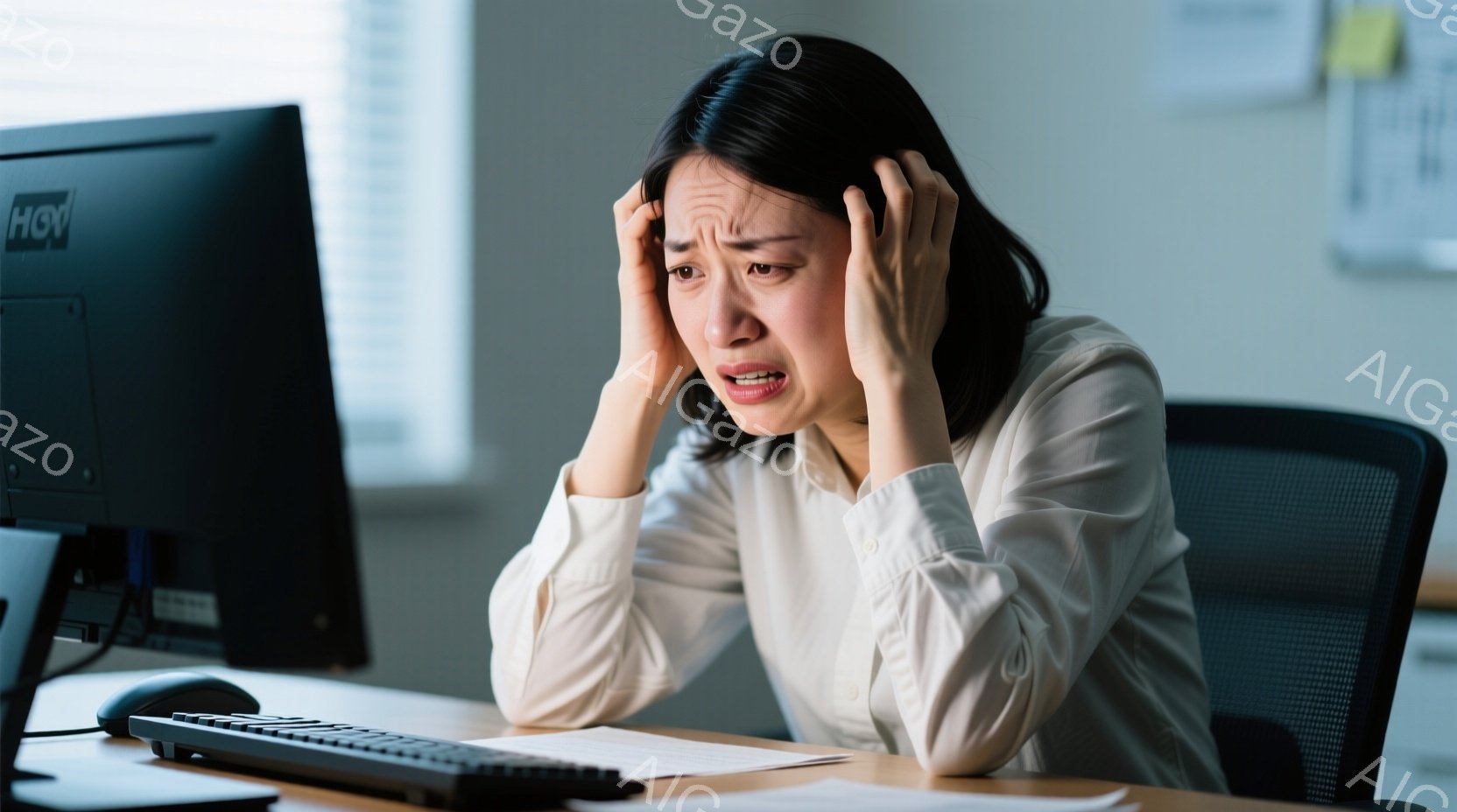白いブラウスを着た若い女性が、デスクの前で両手で頭を抱え、強いストレスを感じている様子が伺える。彼女の表情は苦痛に歪み、目は潤んでいる。背景にはオフィスの一角がぼやけて写っており、書類やパソコンが置かれているが、焦点は女性の苦悩に向けられている。