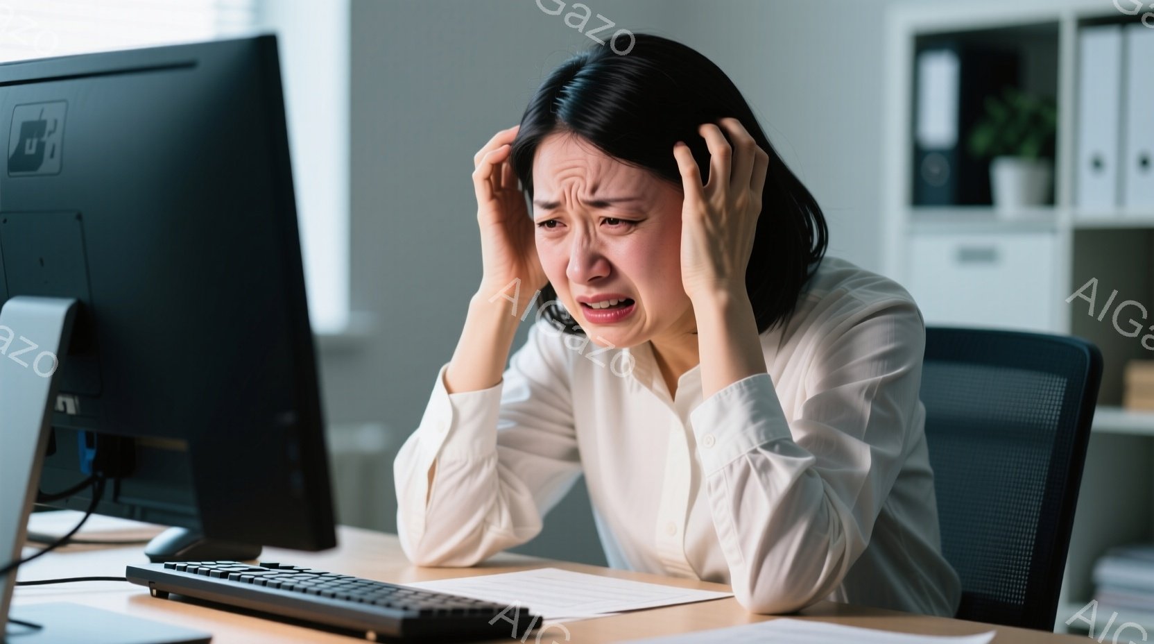 女性は白いシャツを着て、椅子に座ってパソコンに向かっています。彼女は両手で頭を抱え、泣いているような苦悶の表情を浮かべており、強いストレスを感じている様子が伝わります。背景にはオフィスらしき空間が写っており、ファイルボックスや書類が整理された棚が見えます。