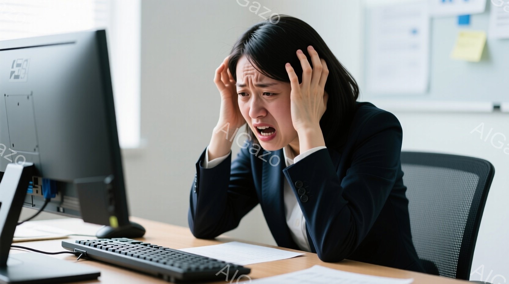 黒いスーツを着た女性がデスクに向かって座っており、両手で頭を抱え、非常に苦悶した表情を浮かべている。背景にはモニターや書類、オフィスチェアが見え、オフィス環境であることがわかる。彼女の姿勢と表情から、仕事で強いストレスを感じている様子が伝わってくる。