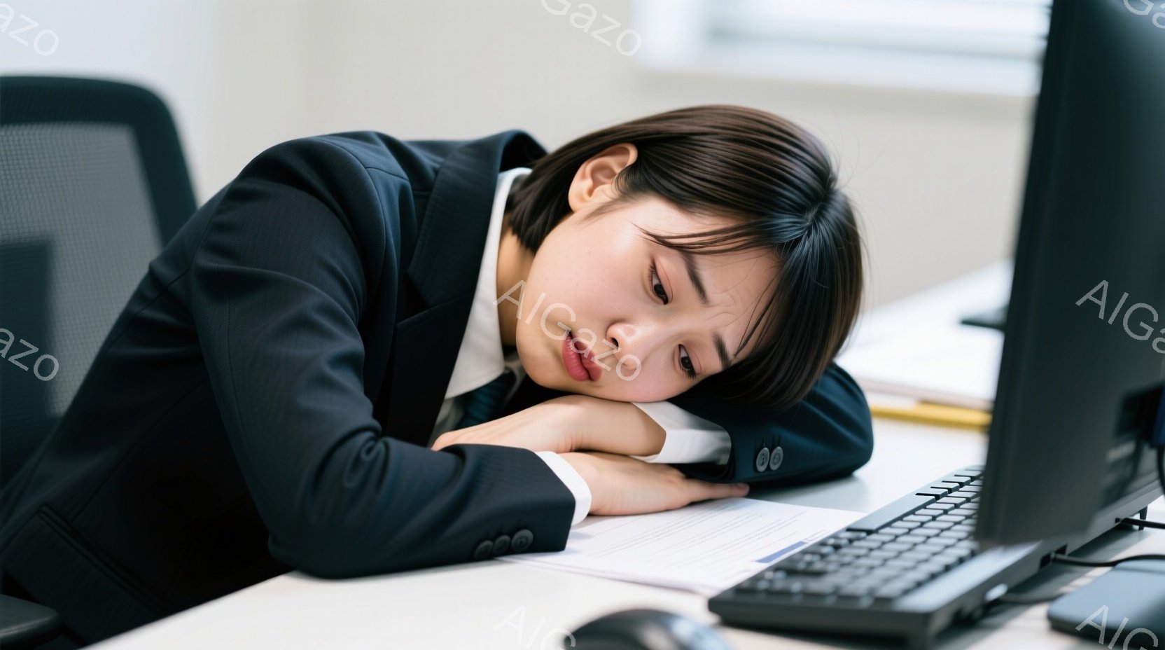 スーツを着た若い女性が、デスクに突っ伏して眠っている様子が写っている。彼女は黒いジャケットと白いシャツを着ており、髪は短く整えられている。背景にはオフィスの一角が見え、パソコンや書類が置かれているが、 - AI生成フリー素材